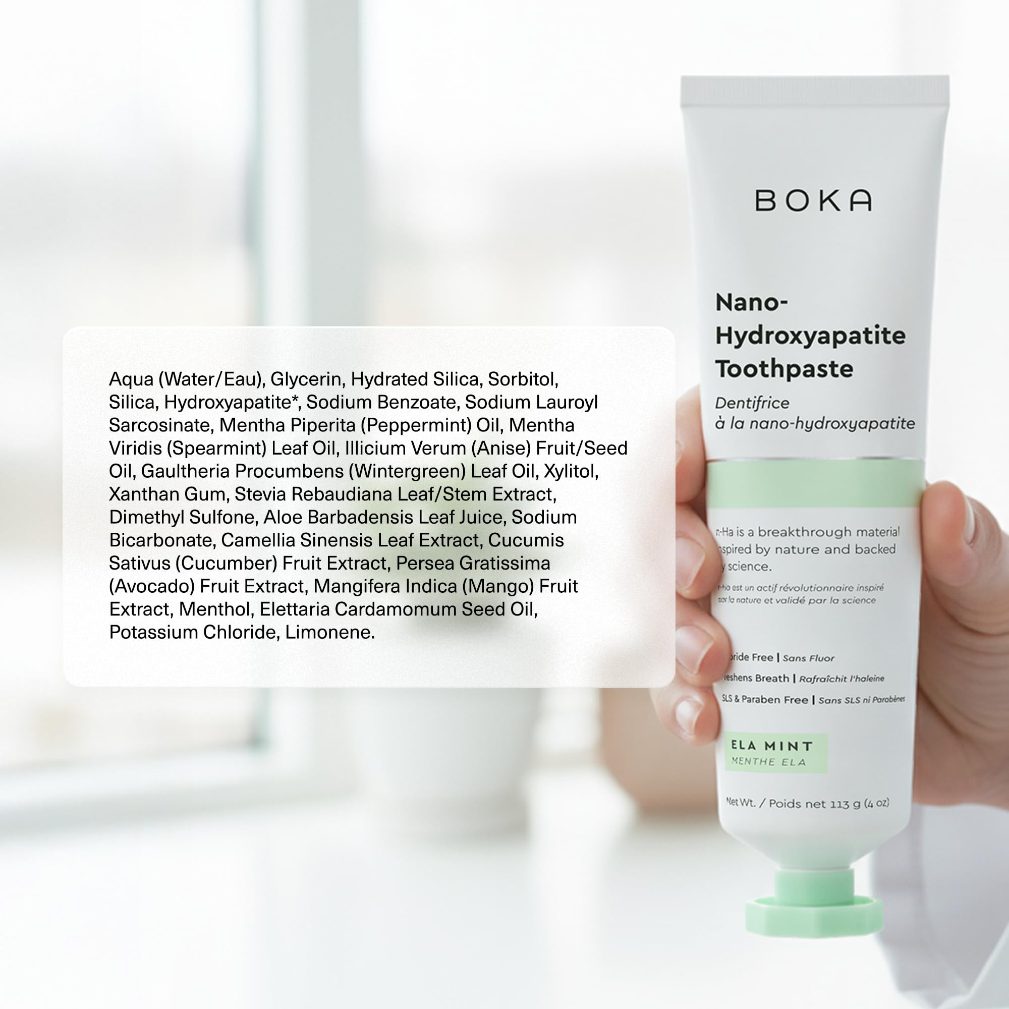 Boka Nano Hydroxyapatite Toothpaste Ela Mint 2-pack, natural toothpaste for oral health, featuring sleek tube design.