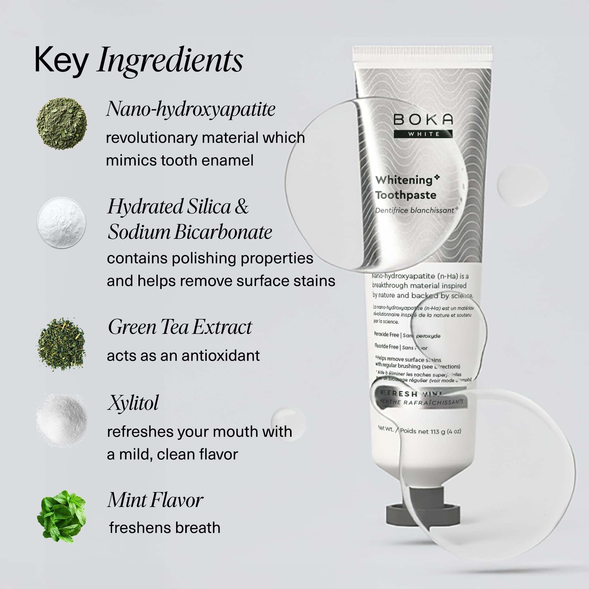 Boka Nano Hydroxyapatite Mint Toothpaste in 4 oz tube, natural tooth cleaning agent for fresh breath and dental health.