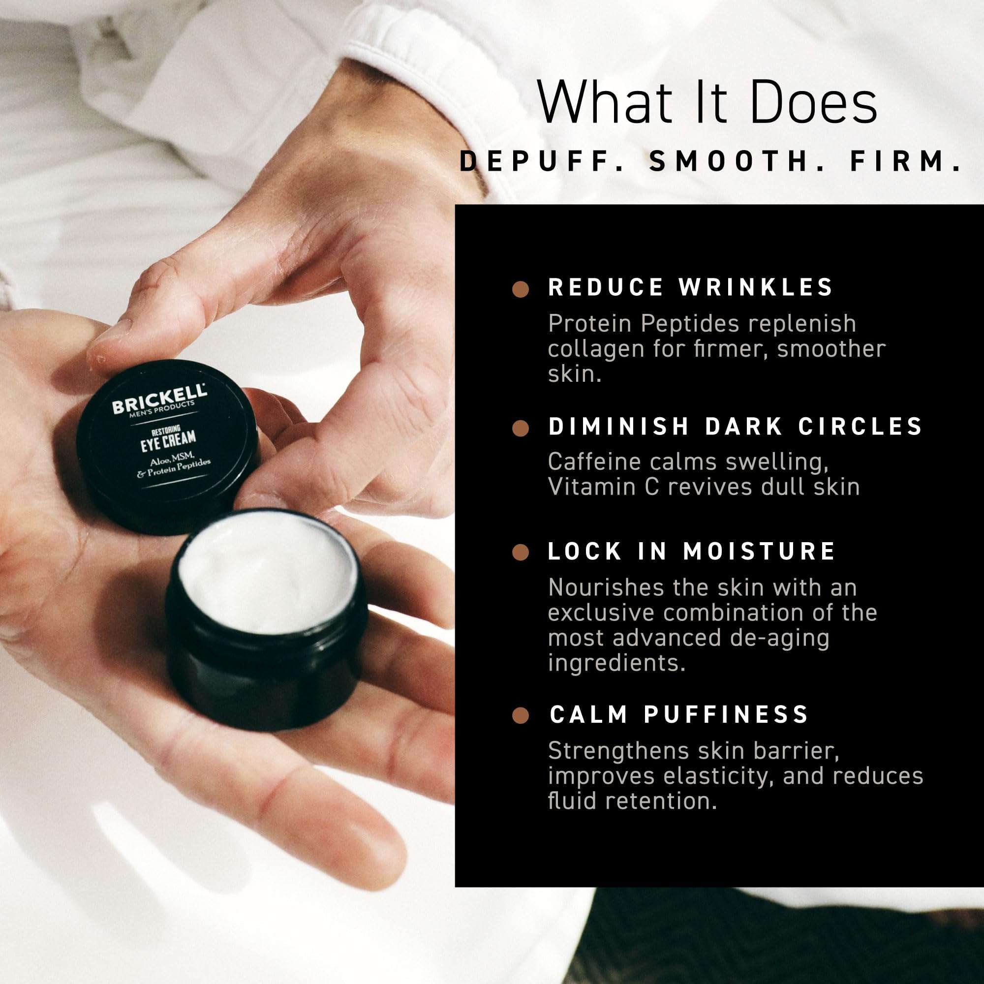 Brickell Men's Under Eye Cream with caffeine and peptides in a 0.5oz jar, designed to reduce puffiness and dark circles.