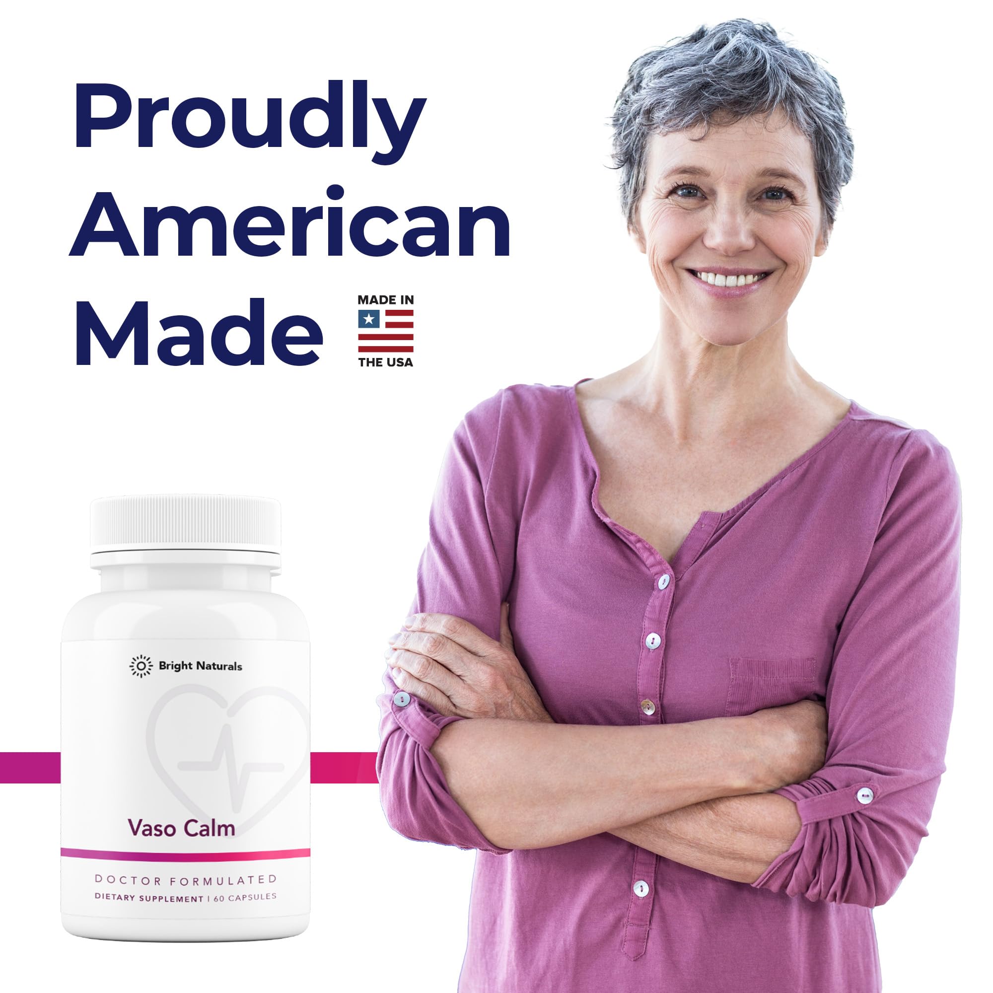 Bright Naturals Vaso Calm herbal supplement bottle with label, promoting blood support and calming herbal benefits.