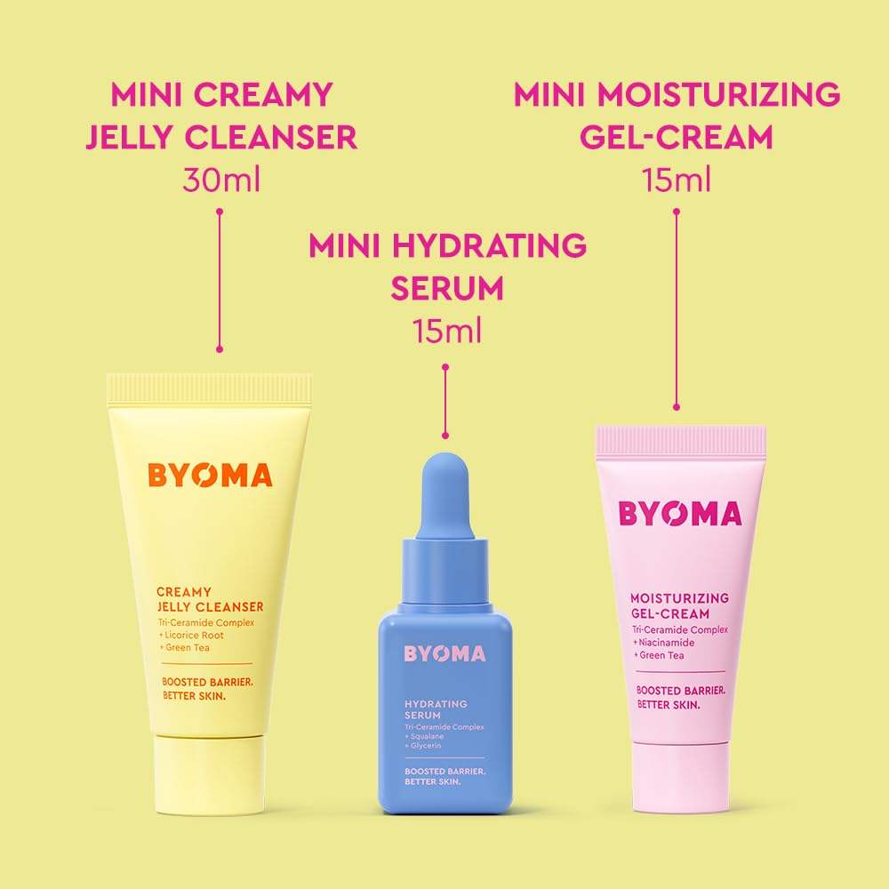 BYOMA So Hydrating Set with barrier repair skincare trio, featuring moisturizing creams and serums in sleek packaging