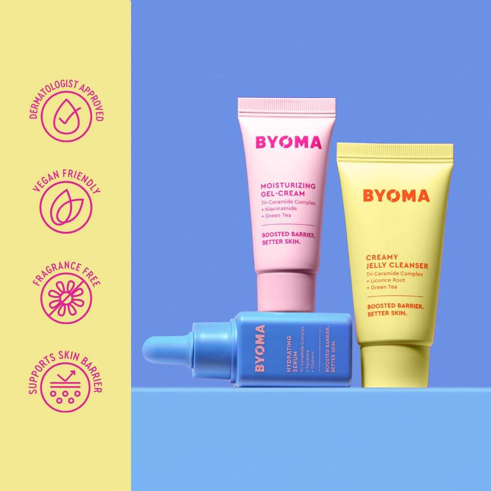 BYOMA So Hydrating Set featuring barrier repair skincare products, including moisturizers and serums in a skincare trio.