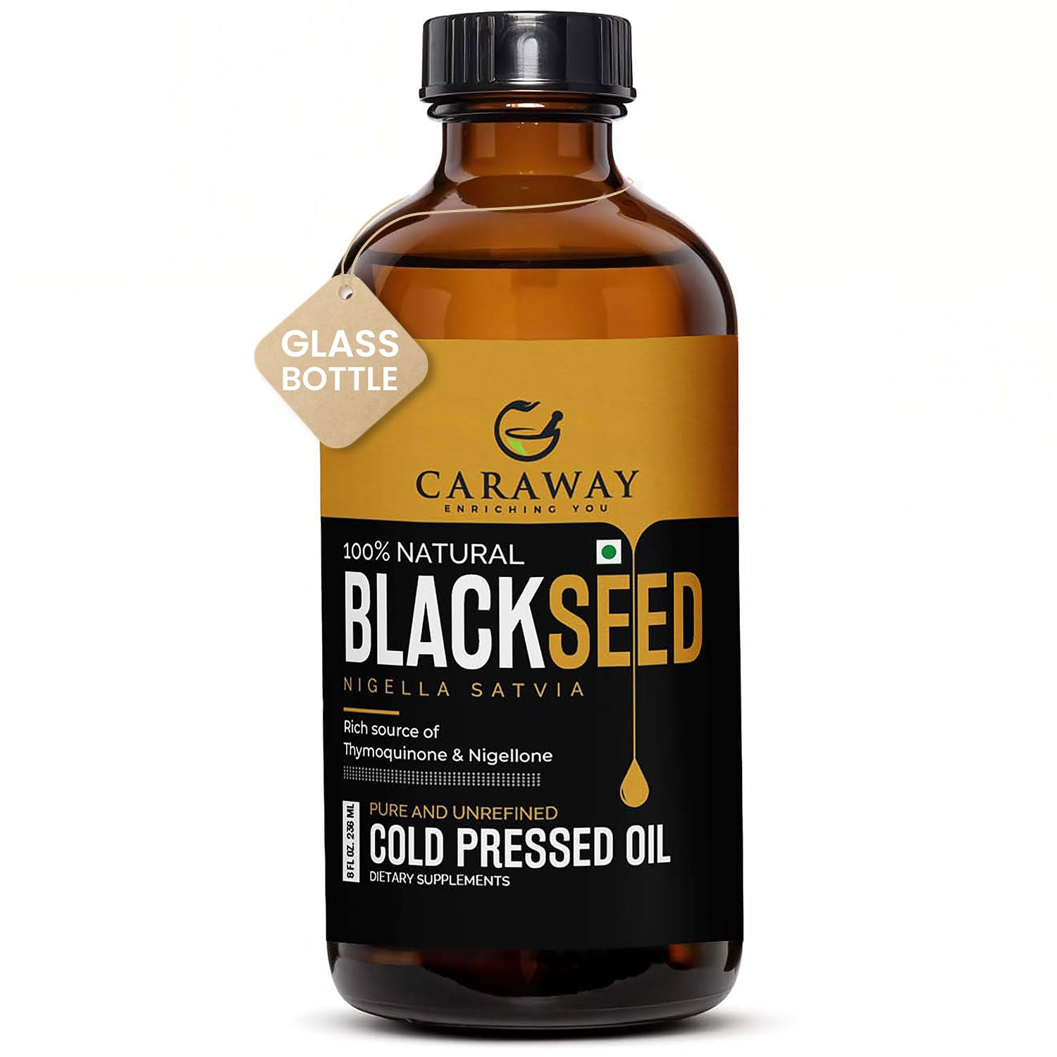 Organic Caraway Black Seed Oil by CARAWAY in a 8 fl oz bottle, cold pressed edible vegetable oil with a dark glass container.