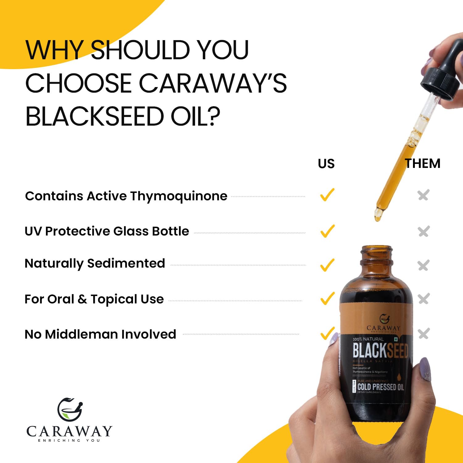 Organic black seed oil by CARAWAY in a clear 8 fl oz bottle, cold pressed edible vegetable oil with a dark amber color.