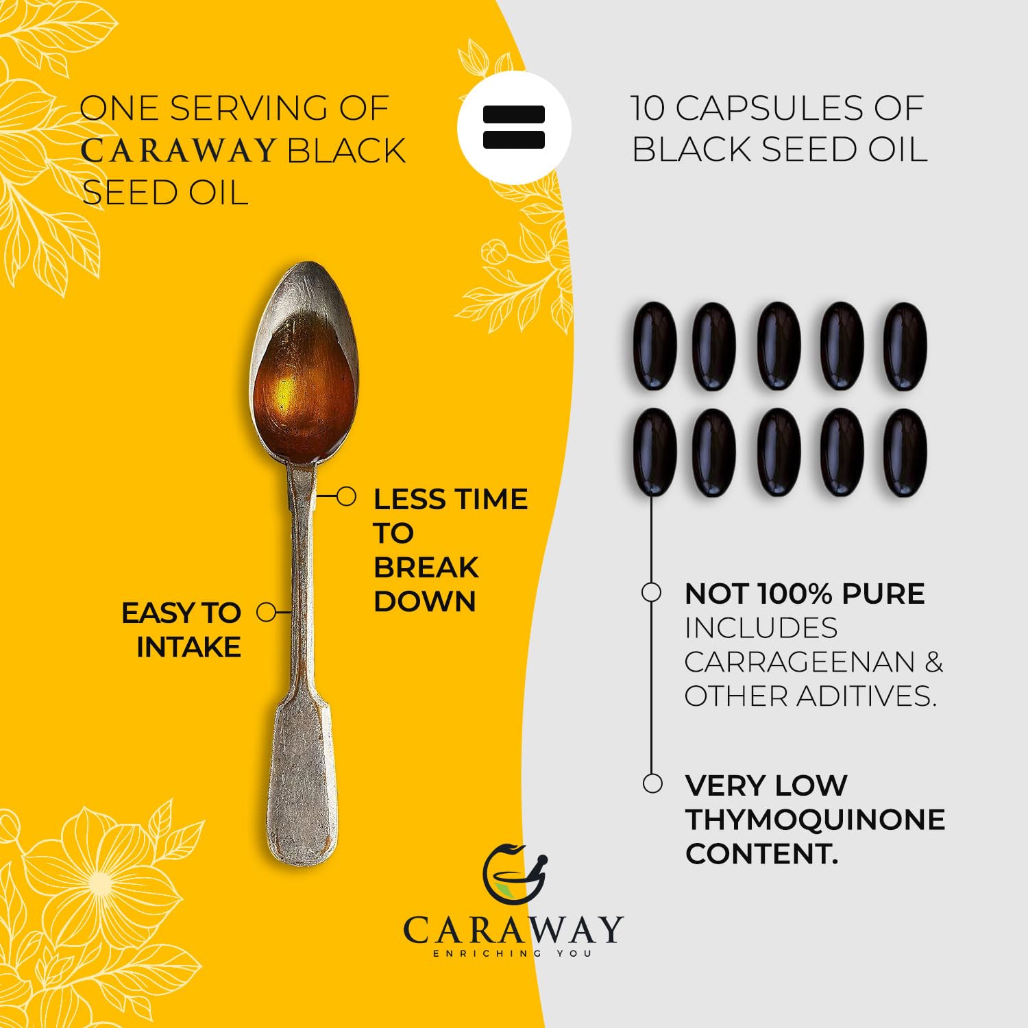 Organic black seed oil by CARAWAY in a clear 8 fl oz bottle, cold pressed edible vegetable oil with a dark amber color.