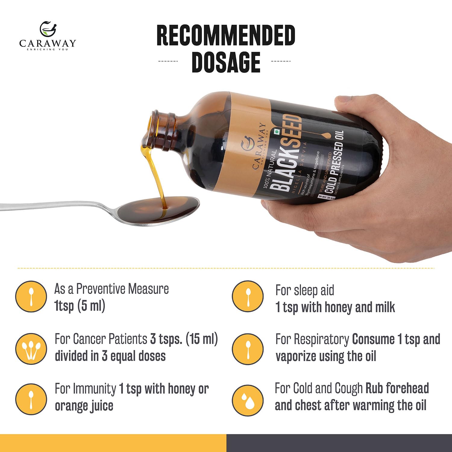Organic CARAWAY Black Seed Oil in 8 fl oz bottle, cold pressed edible vegetable oil with dark glass bottle and label visible.