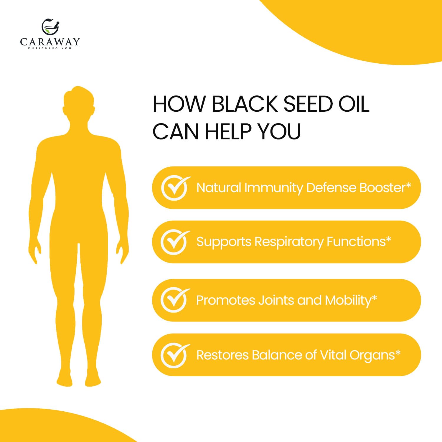 Caraway Organic Black Seed Oil in a clear bottle, cold pressed vegetable oil, 8 fl oz, with black seeds shown in the background.