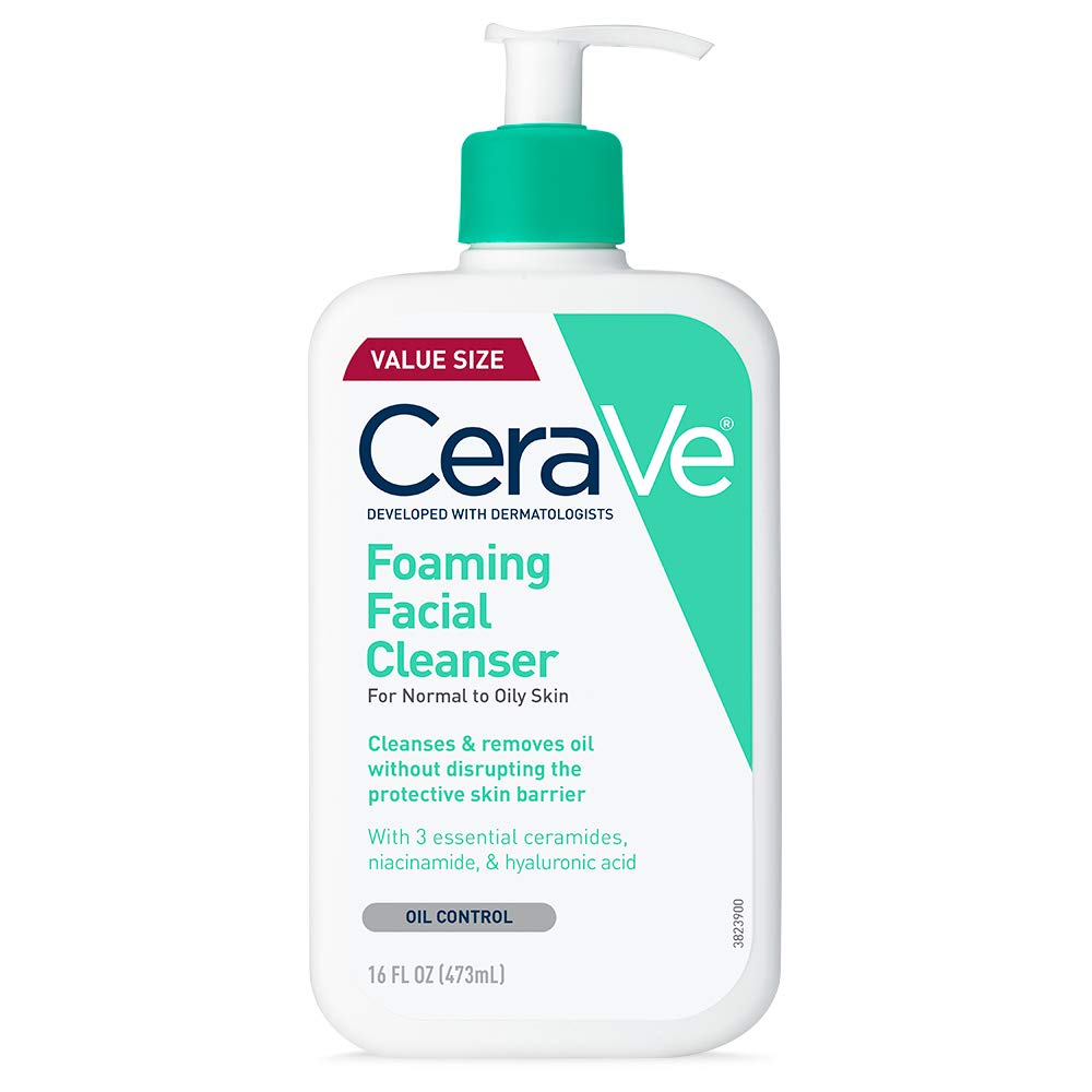 CeraVe Foaming Facial Cleanser for Oily Skin in 16 oz bottle, gentle face cleanser with foaming texture for oil control and skin clarity.