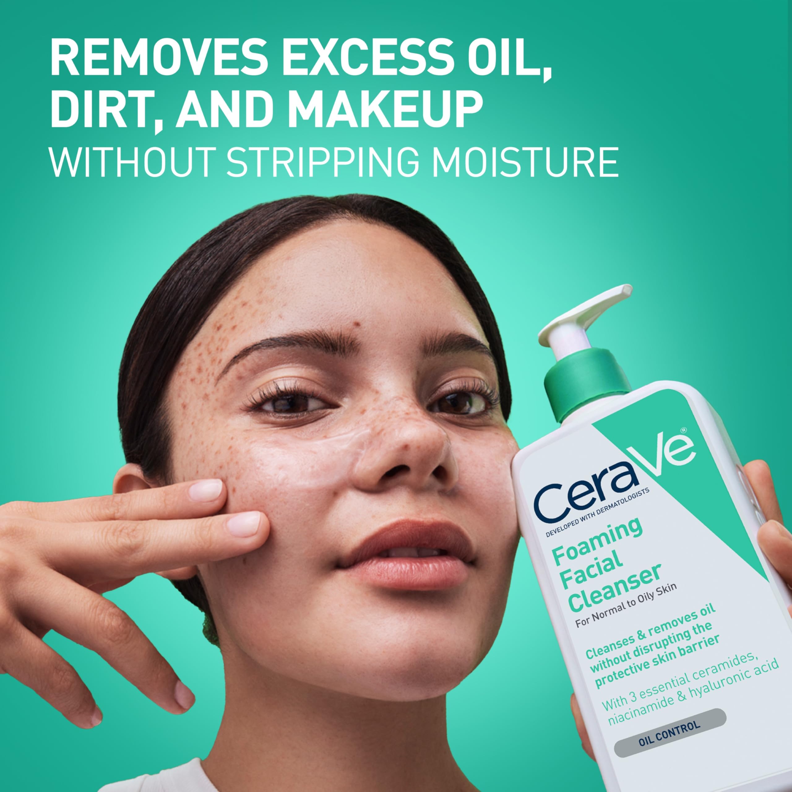 CeraVe Foaming Facial Cleanser for Oily Skin in a 16 Fl Oz bottle, with a clear pump dispenser and clean white packaging.