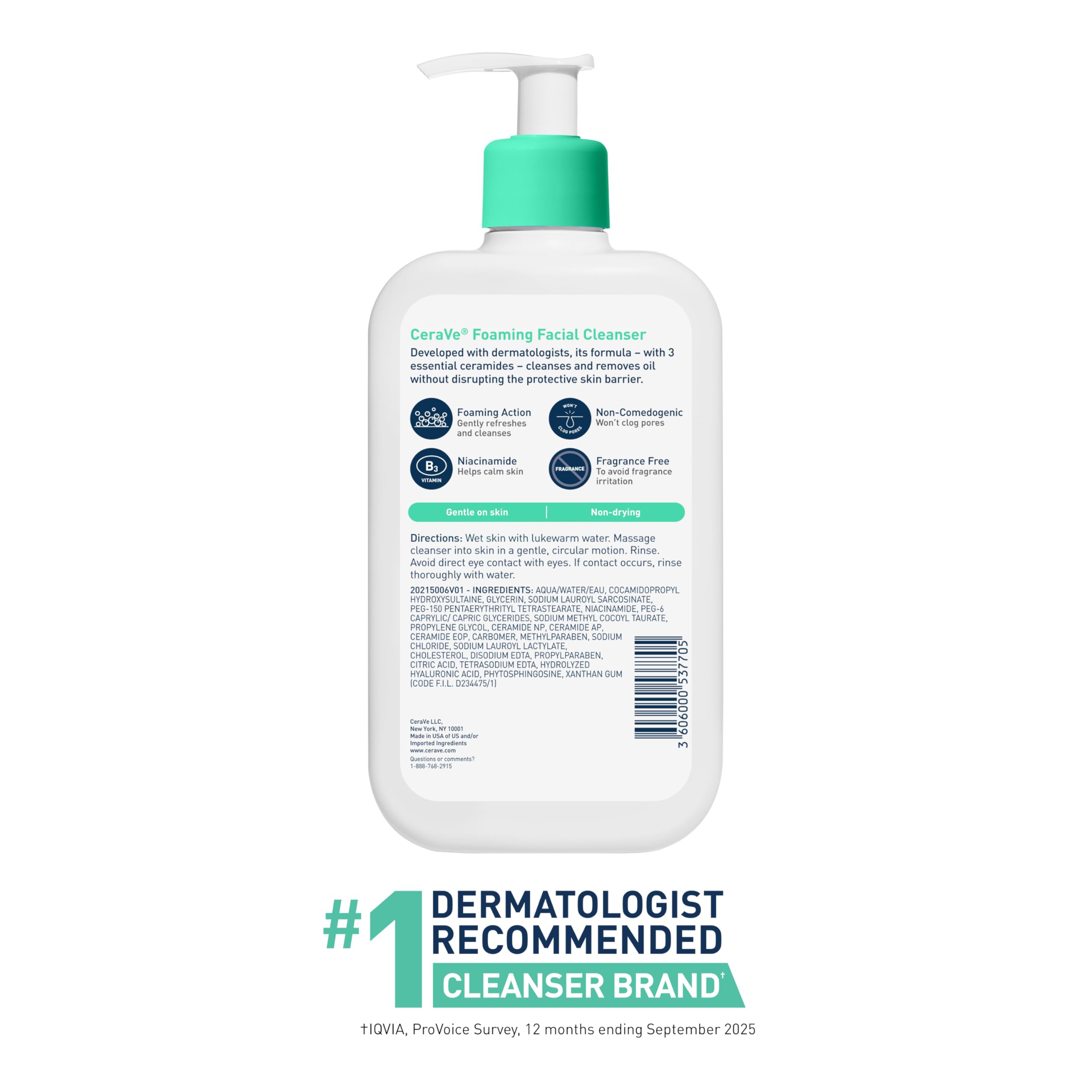 CeraVe Foaming Facial Cleanser for Oily Skin in a 16 fl oz bottle, showing the clear foaming facial cleanser with pump dispenser.