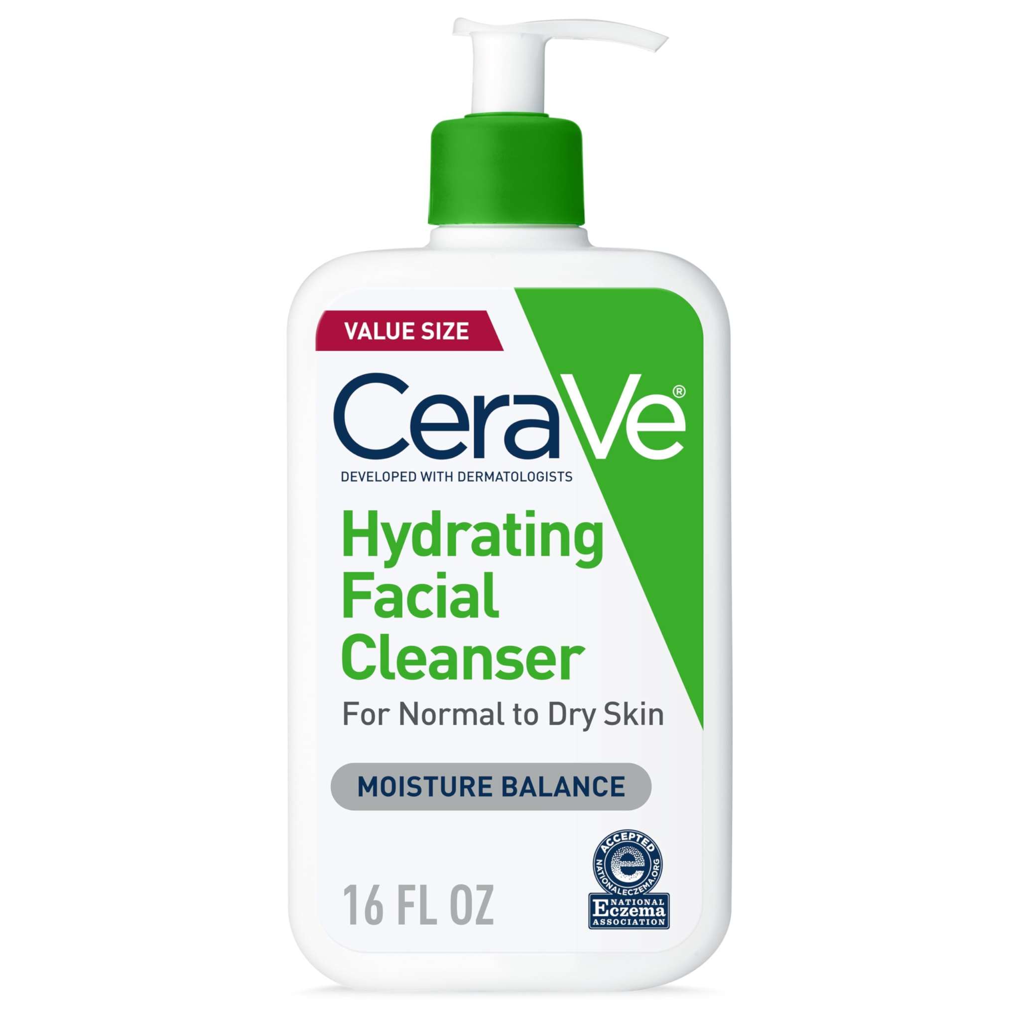 CeraVe Hydrating Facial Cleanser for dry skin in a 16 oz bottle, gentle skin cleaning with moisturizing ingredients.