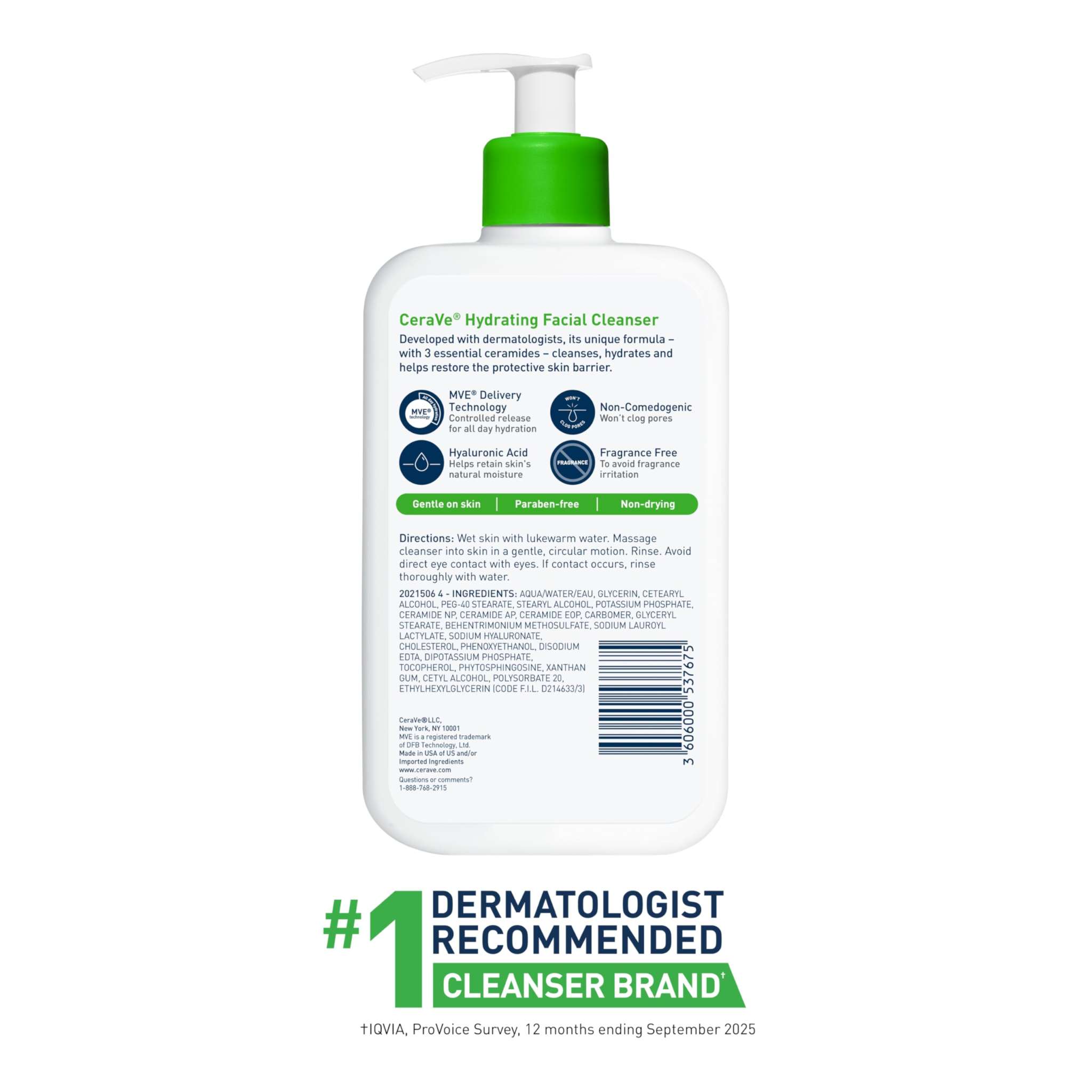CeraVe Hydrating Facial Cleanser for dry skin in 16 oz bottle, gentle skin-cleaning agent with moisturizing formula.