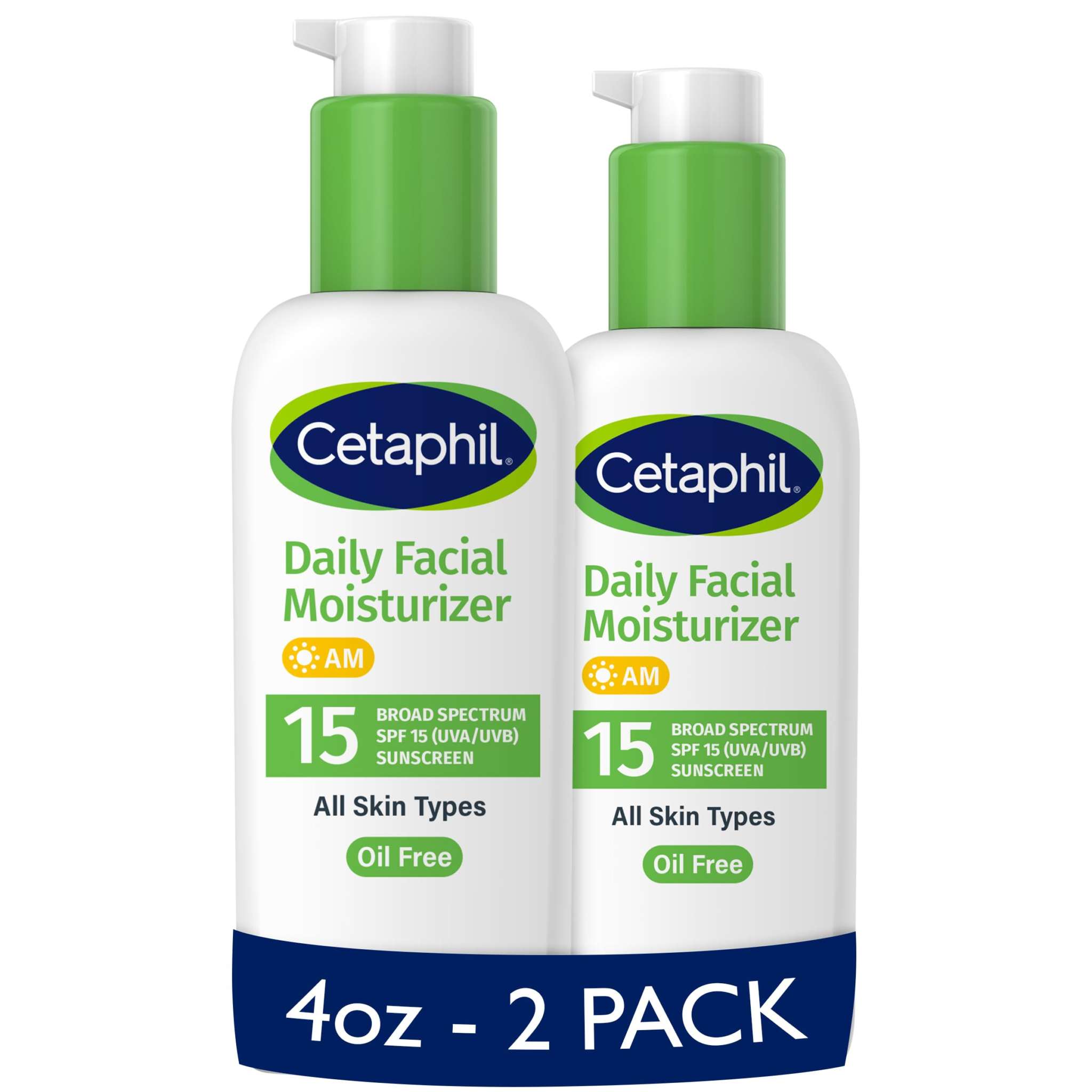 Two bottles of Cetaphil Daily Facial Moisturizer SPF 15, 4oz each, with white caps and light-colored labels, shown side by side.