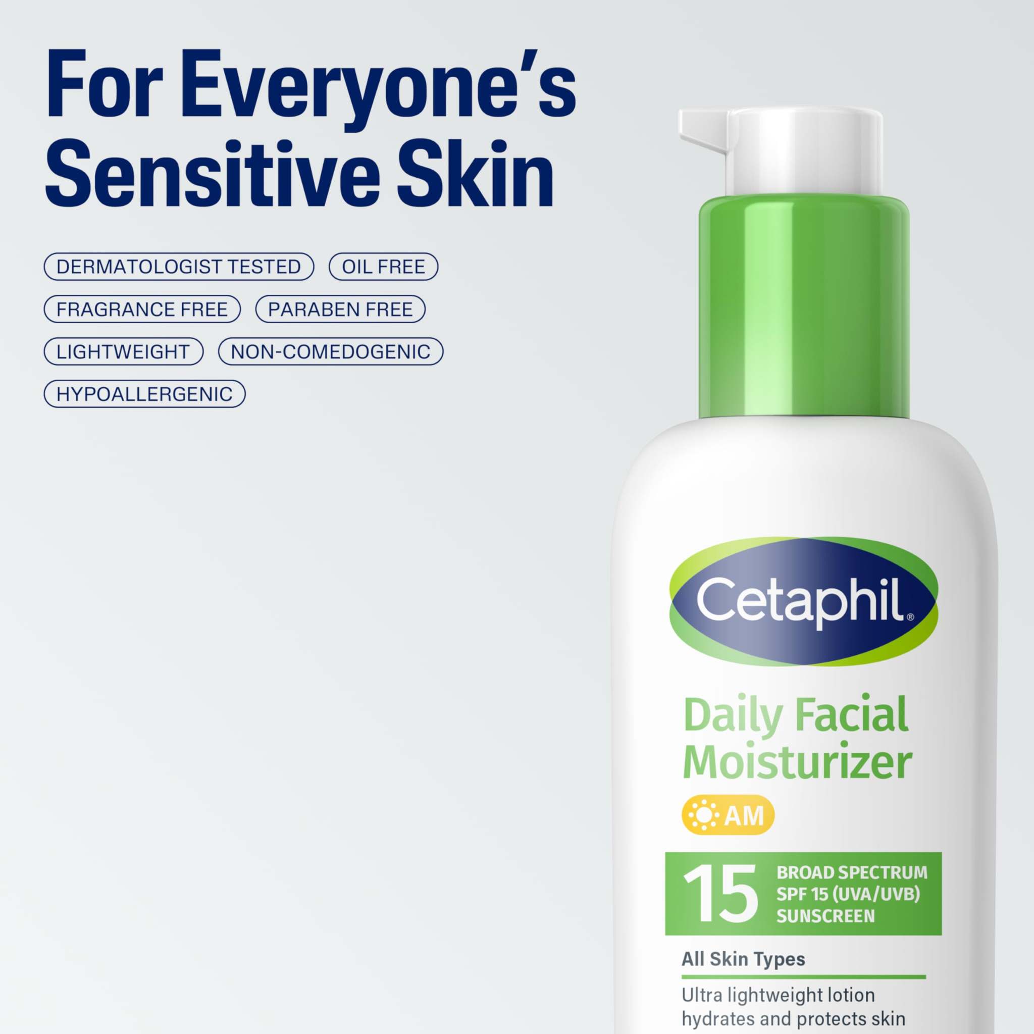 Two bottles of Cetaphil Daily Facial Moisturizer SPF 15, a lightweight skin moisturizer in 4oz bottles for daily use.