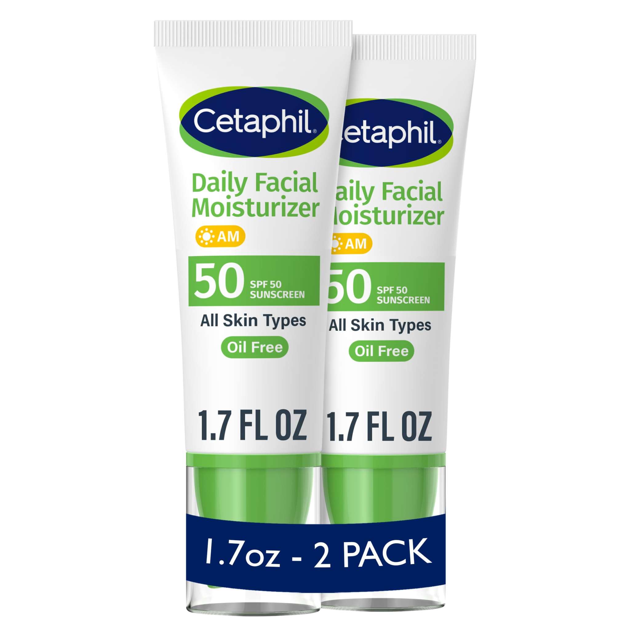 Two bottles of Cetaphil Daily Moisturizer SPF 50 skin moisturizer, 1.7 oz each, shown in a clear, clean packaging.