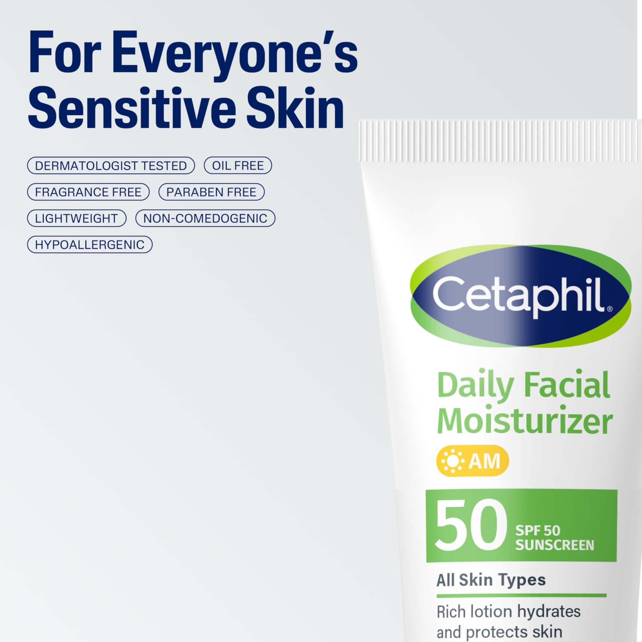 Two bottles of Cetaphil Daily Moisturizer SPF 50 skin moisturizer, 1.7oz each, with pump dispensers and pump caps visible.