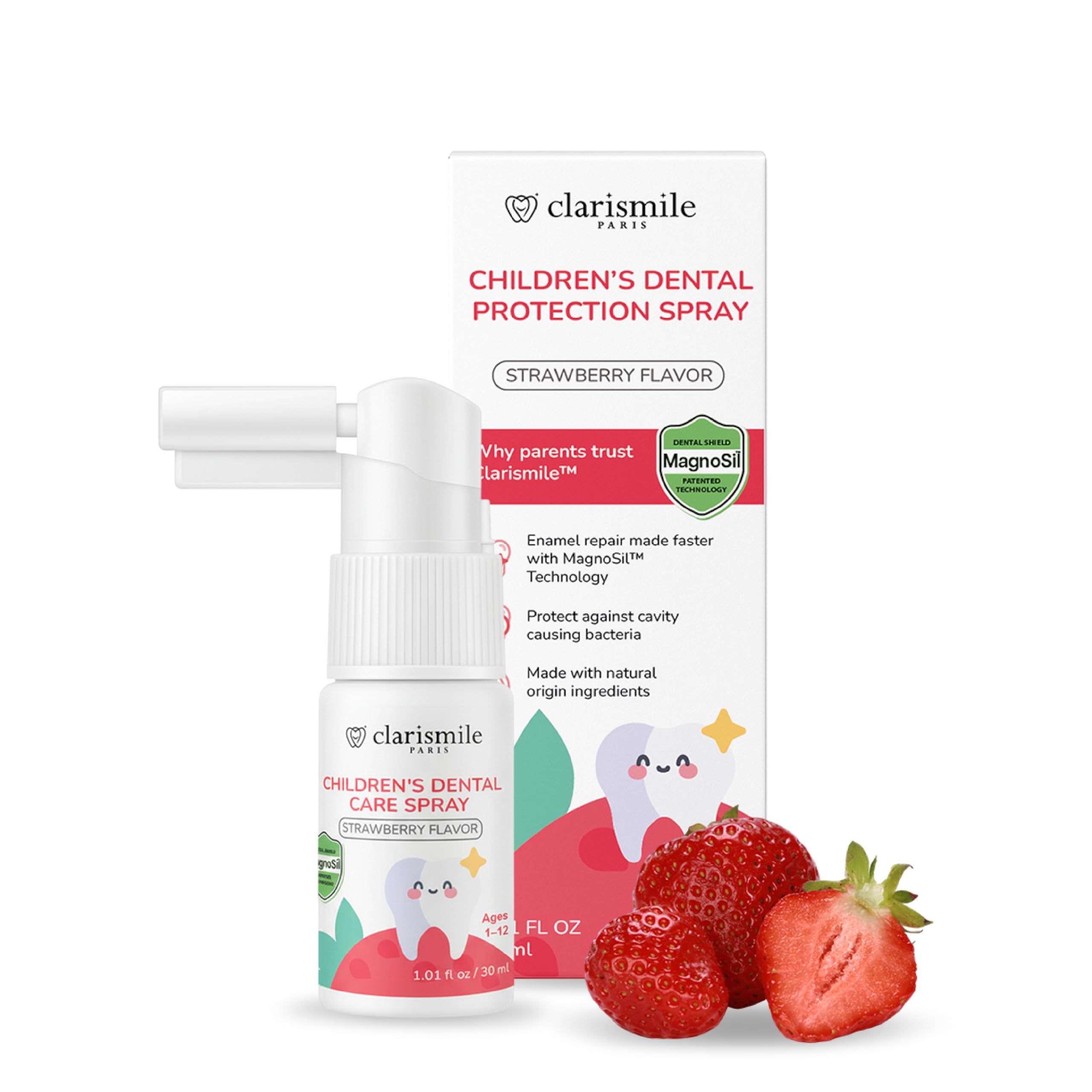 Clarismile Kids Oral Spray fluoride-free tooth cleaning agent in 30ml bottle, designed for gentle oral hygiene for children.