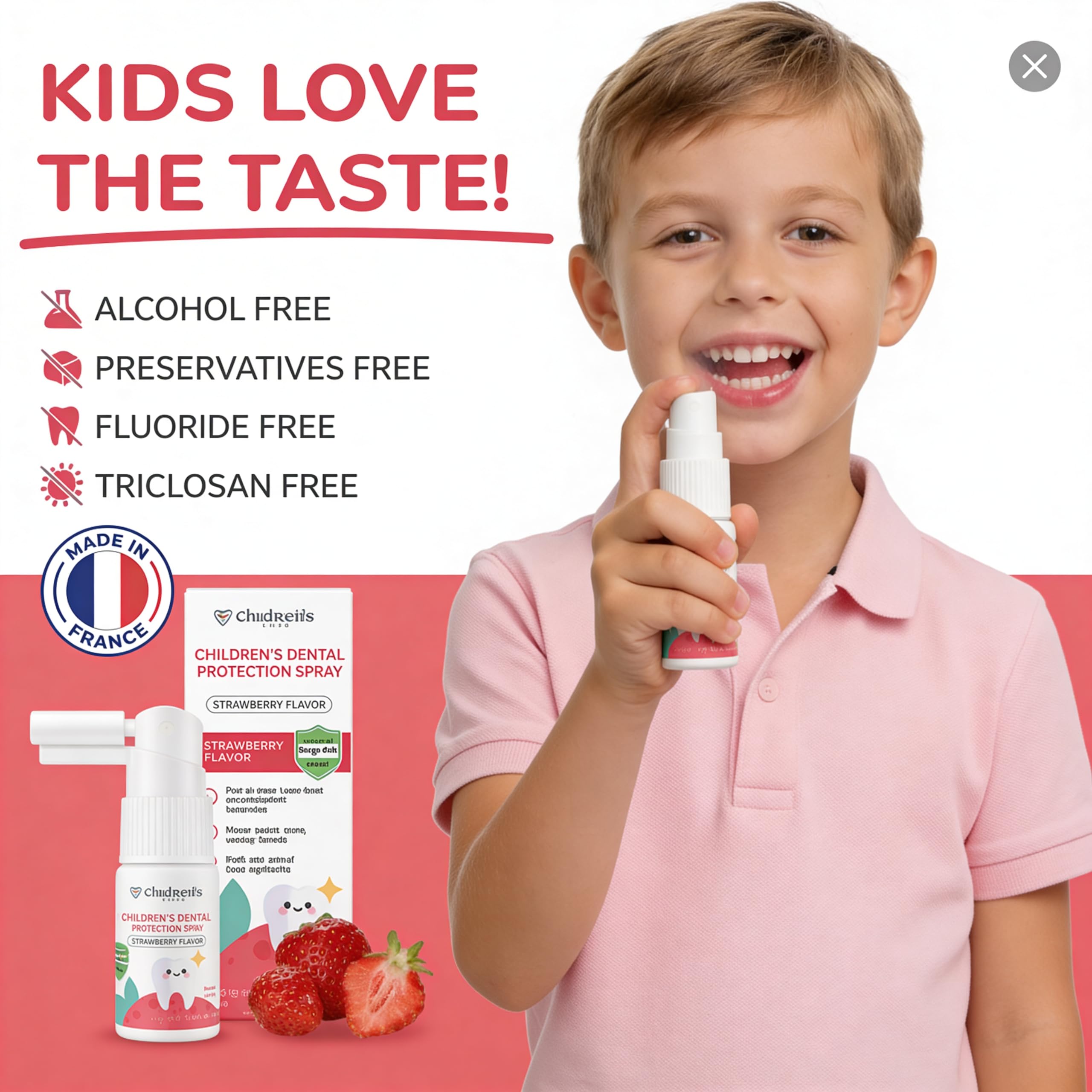 Clarismile Kids Oral Spray fluoride-free, 30ml bottle showing the CLARISMILE PARIS branding and colorful kid-friendly packaging.