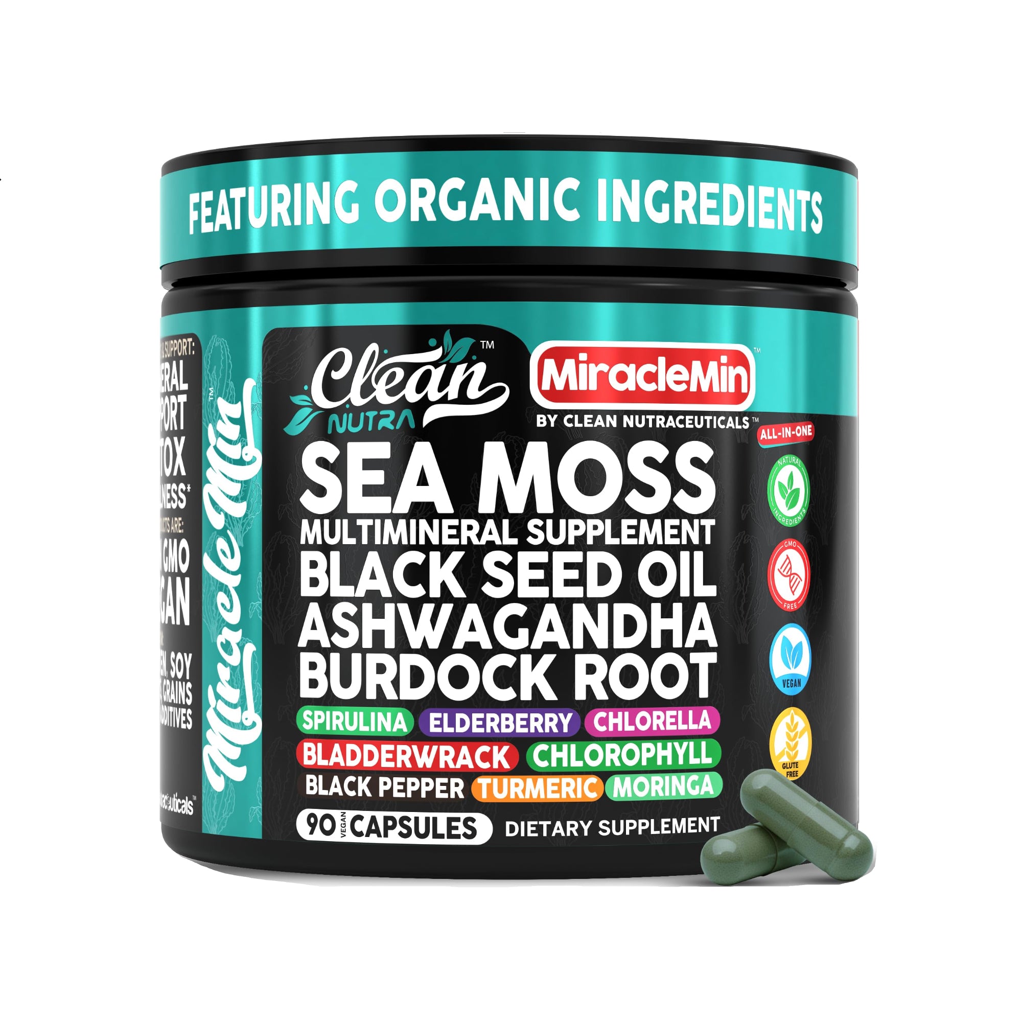 Clean Nutra Sea Moss Capsules 14-in-1 Blend nutritional supplement in a bottle of 90 capsules, designed for health and wellness.