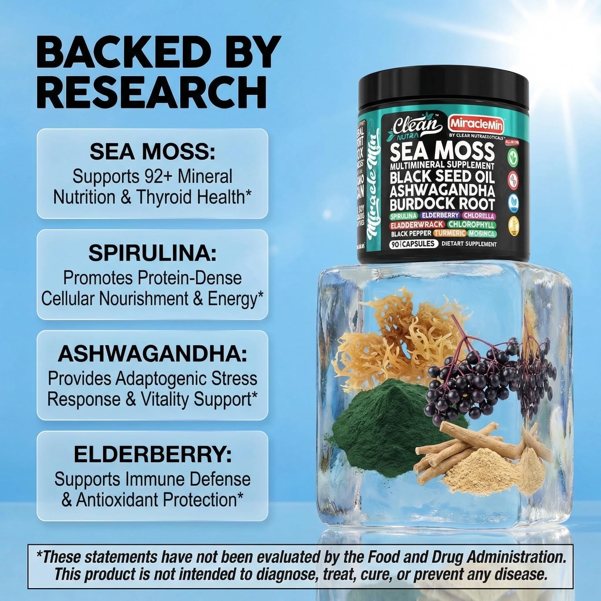 Clean Nutra Sea Moss Capsules 14-in-1 blend nutritional supplement in a bottle, featuring 90 capsules for health and wellness.