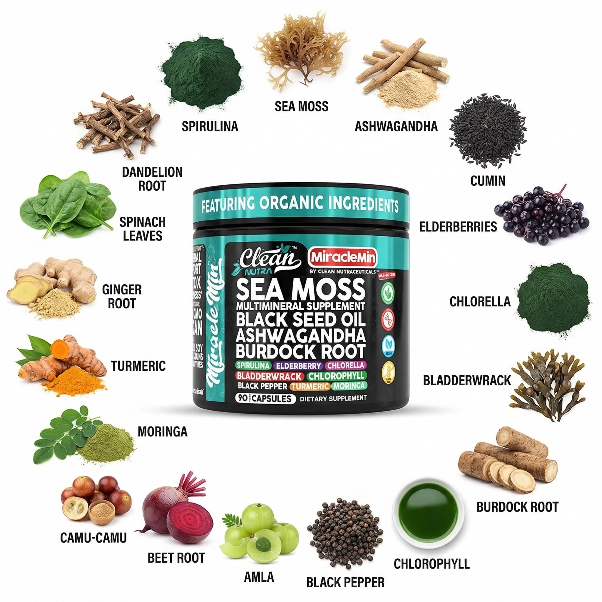 Clean Nutra Sea Moss Capsules 14-in-1 blend nutritional supplement, showing a bottle of 90 capsules with sea moss ingredients.