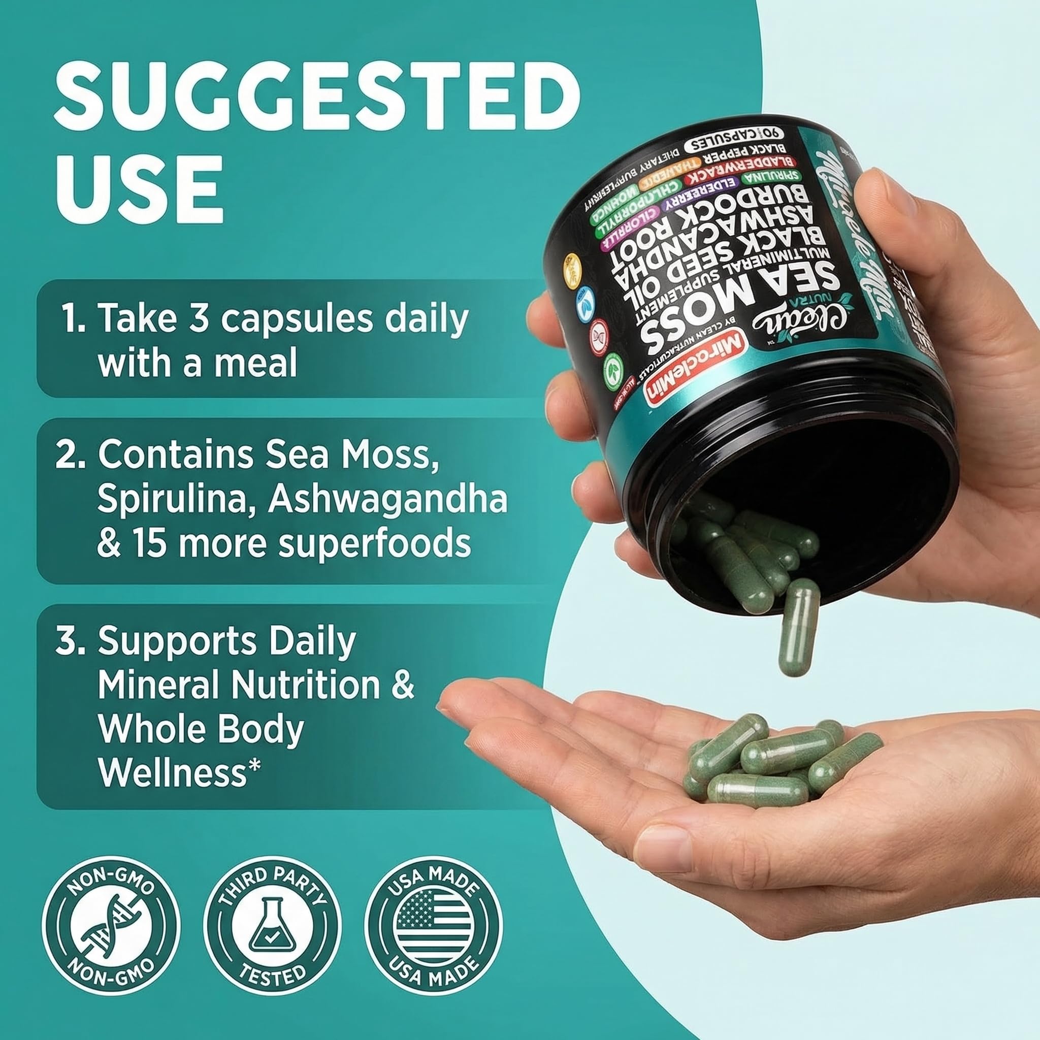 Clean Nutra Sea Moss Capsules 14-in-1 Blend, 90 count, a nutritional supplement with sea moss for health and wellness.