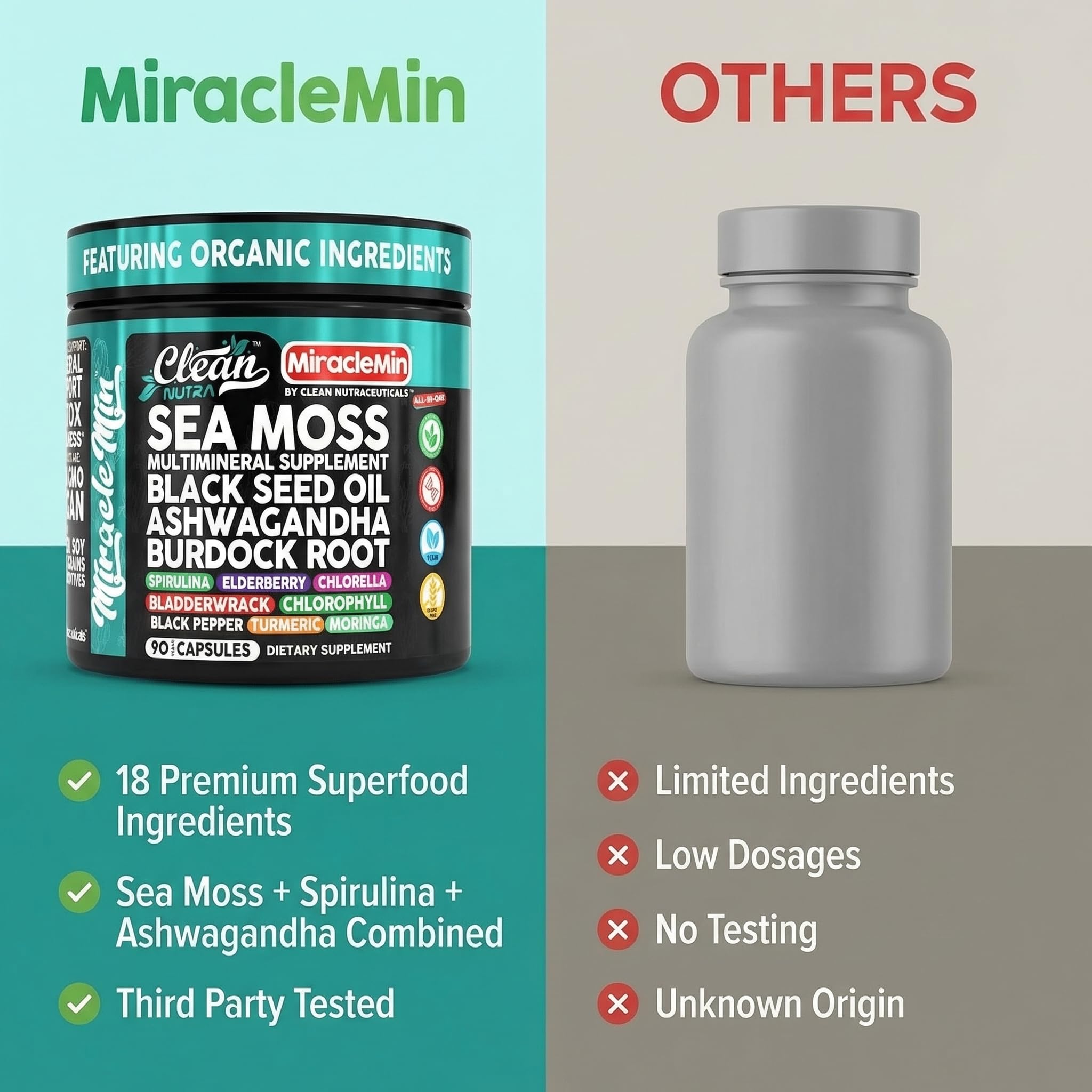 Clean Nutra Sea Moss Capsules 14-in-1 Blend, 90 count, nutritional supplement by Clean Nutraceuticals, showing the capsule bottle.