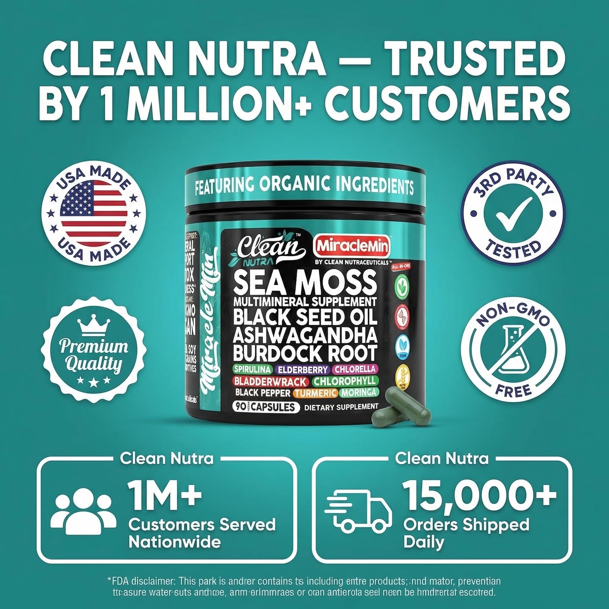 Clean Nutra Sea Moss Capsules 14-in-1 Blend, 90 count, nutritional supplement by Clean Nutraceuticals, showing the supplement bottle and label.