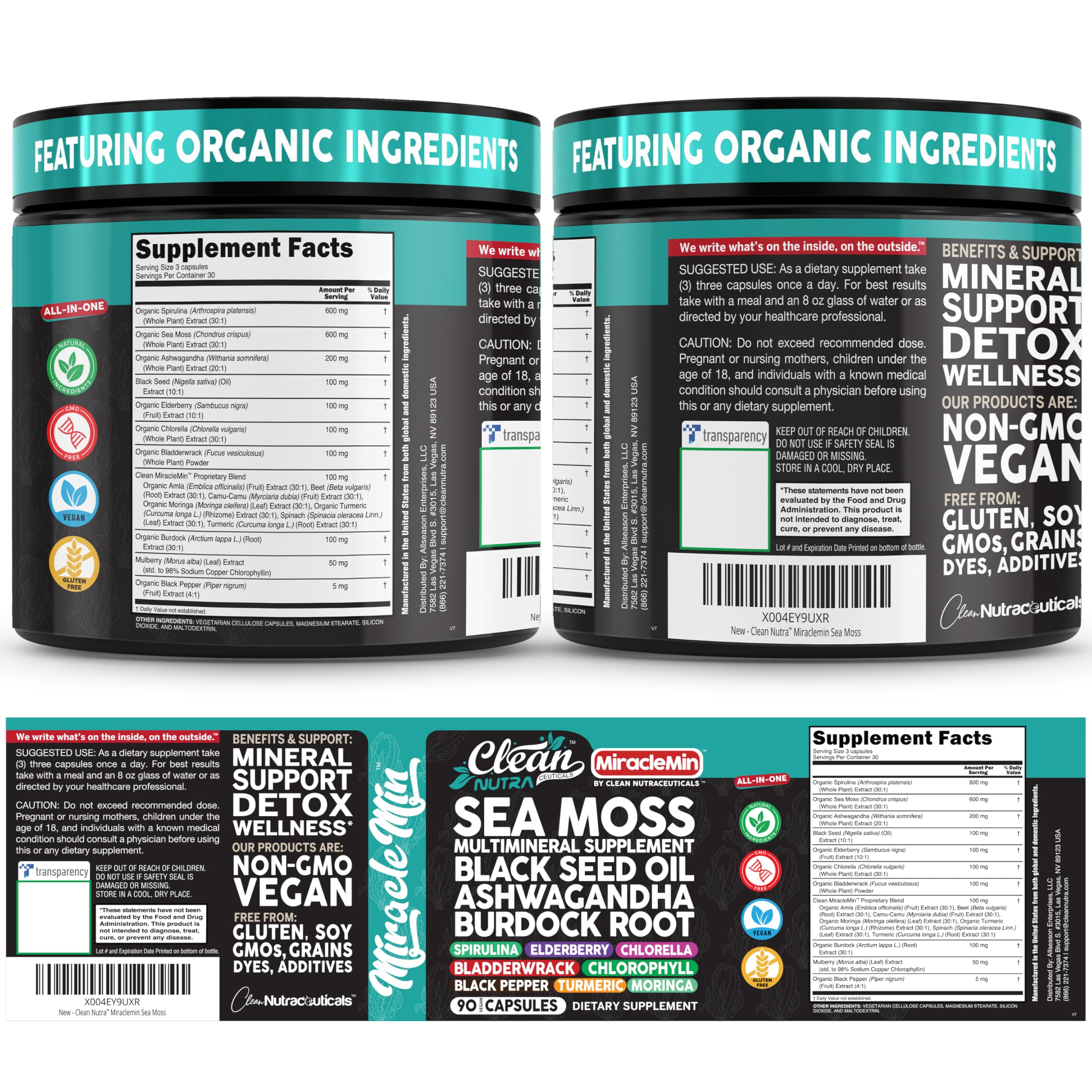 Clean Nutra Sea Moss Capsules 14-in-1 Blend, 90 count, nutritional supplement by Clean Nutraceuticals, shown in bottle.