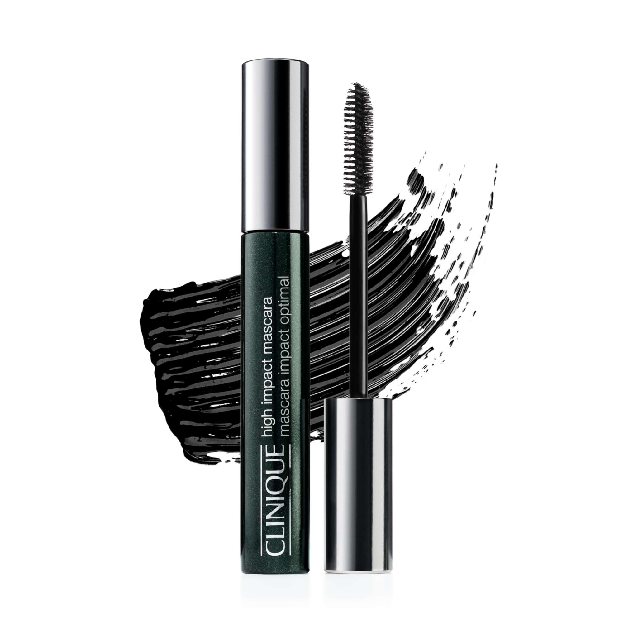 Clinique High Impact Mascara in black for sensitive eyes, 0.28oz, showing the mascara wand and packaging.