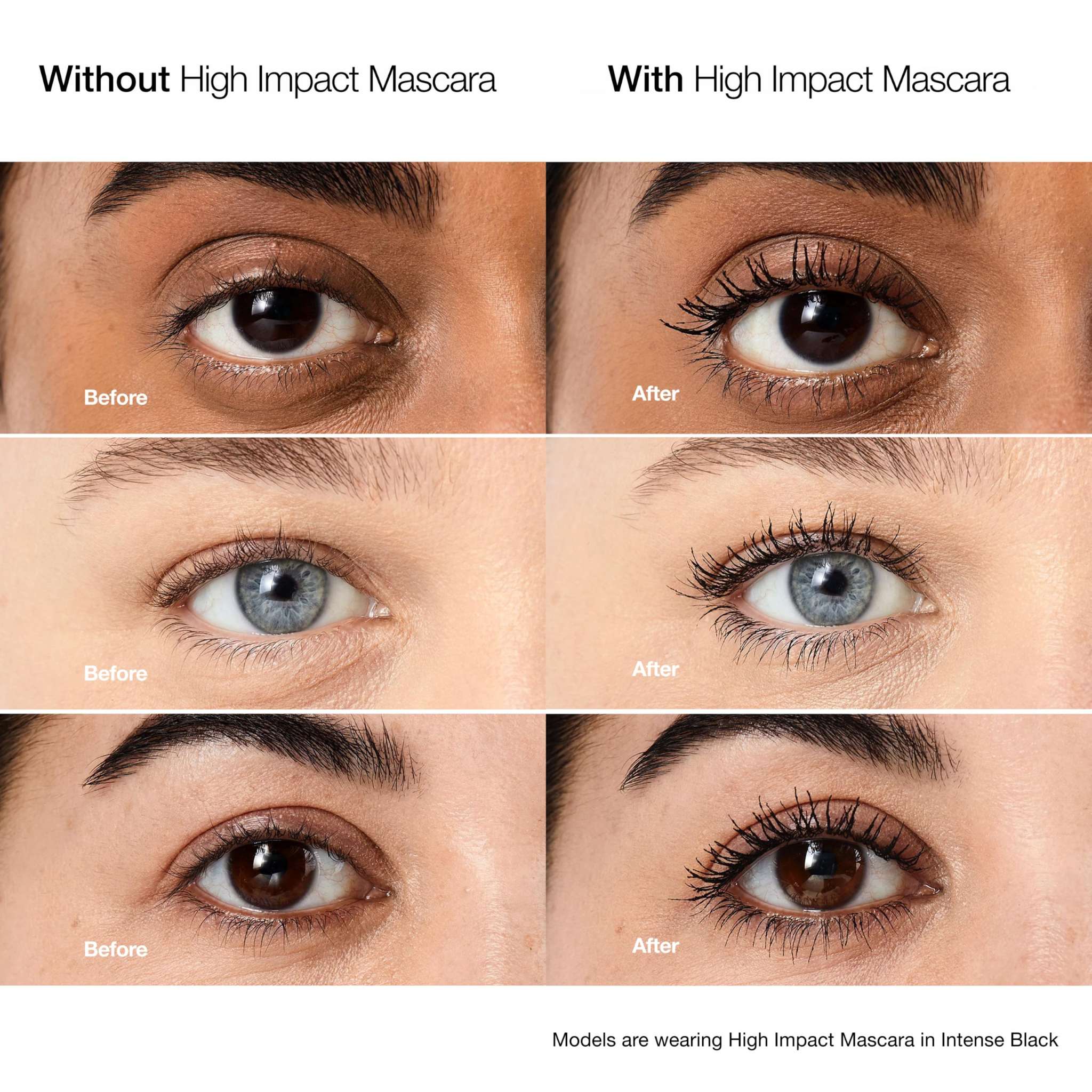 Clinique High Impact Mascara in black for sensitive eyes, 0.28oz, with a brush applying mascara to eyelashes.