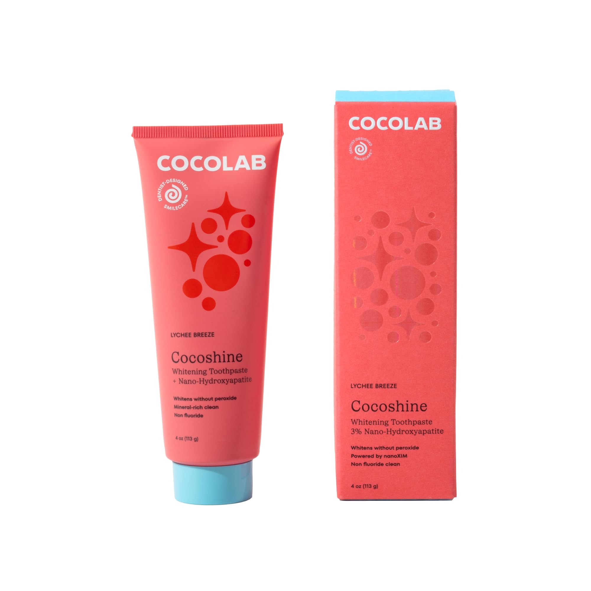Cocoshine 15% Nano-Hydroxyapatite Toothpaste by Cocolab, Lychee Breeze flavor, 4oz tube for teeth cleaning and whitening.