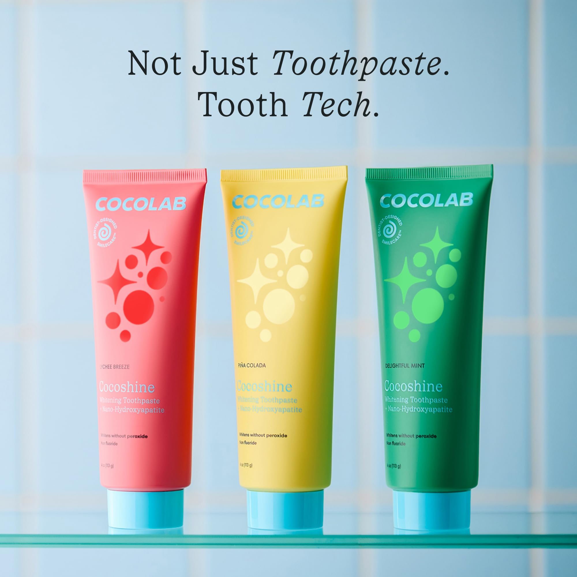 Cocoshine 15% Nano-Hydroxyapatite Toothpaste by Cocolab, Lychee Breeze flavor, 4oz tube, designed for effective teeth cleaning.
