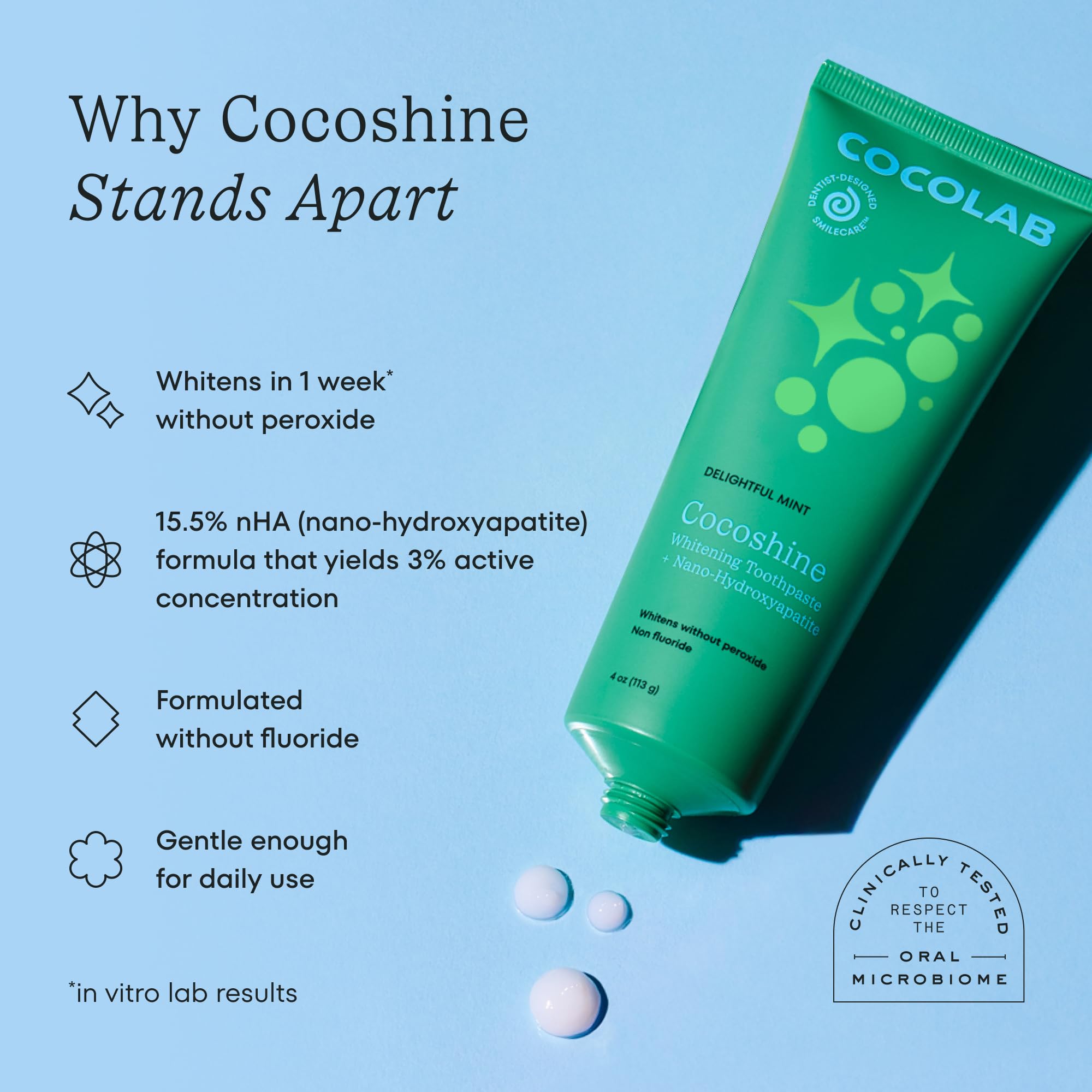 Cocolab Cocoshine 15% Nano-Hydroxyapatite Toothpaste in Lychee Breeze flavor, 4oz tube for dental cleaning and whitening.