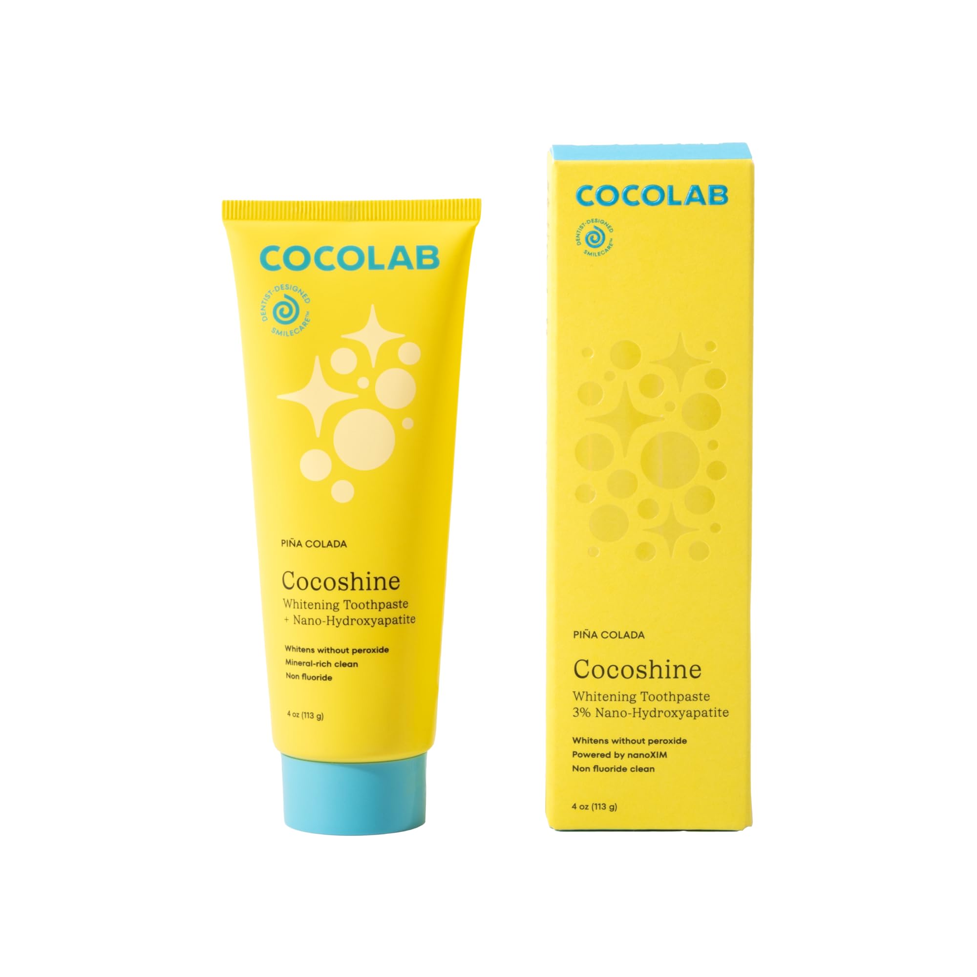 Cocolab Cocoshine 15% Nano-Hydroxyapatite Toothpaste tube with white and blue packaging, featuring product branding and information.