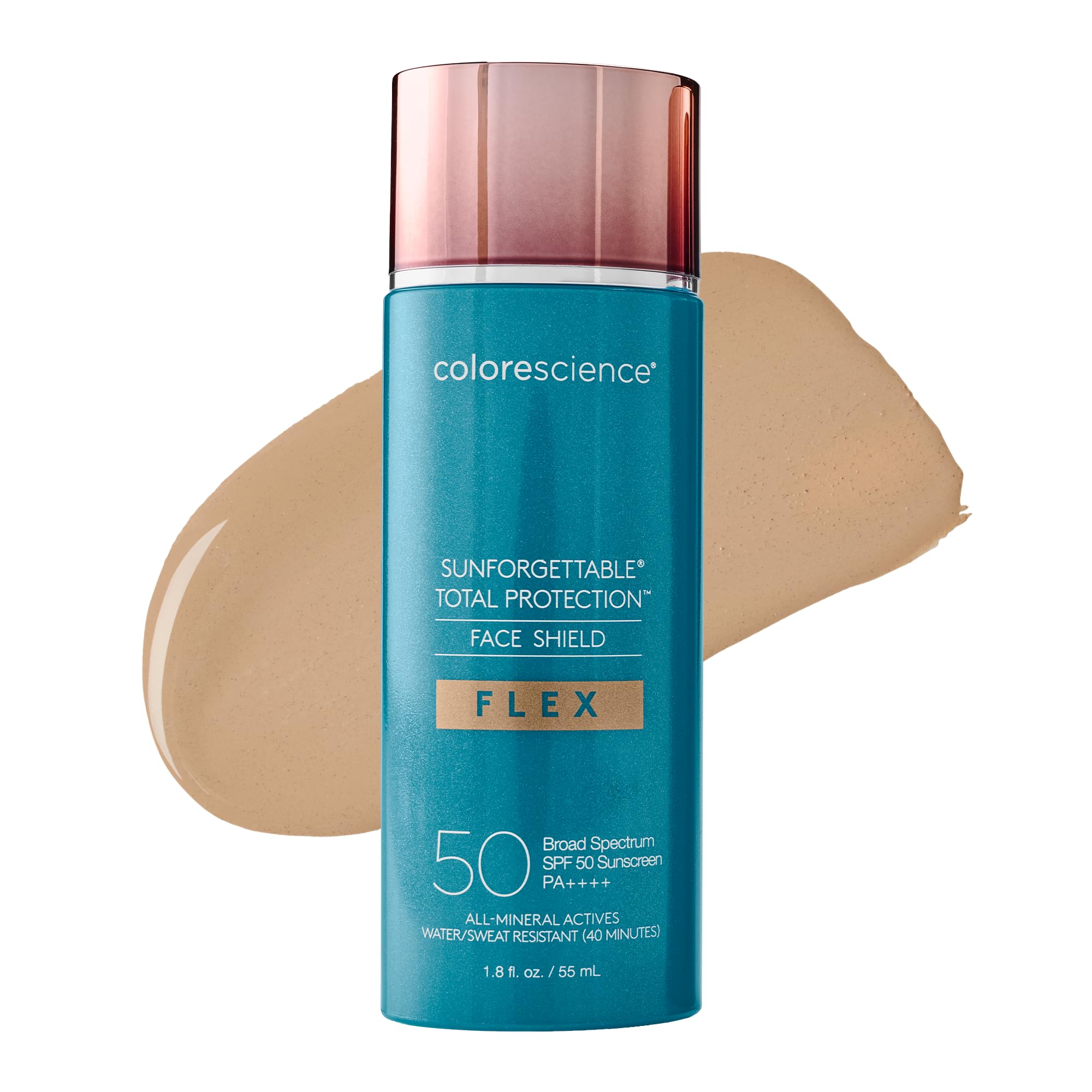 Colorescience Flex Tinted Mineral SPF 50 sunscreen tube in Medium shade, 1.8oz, with tinted formula and sun protection.
