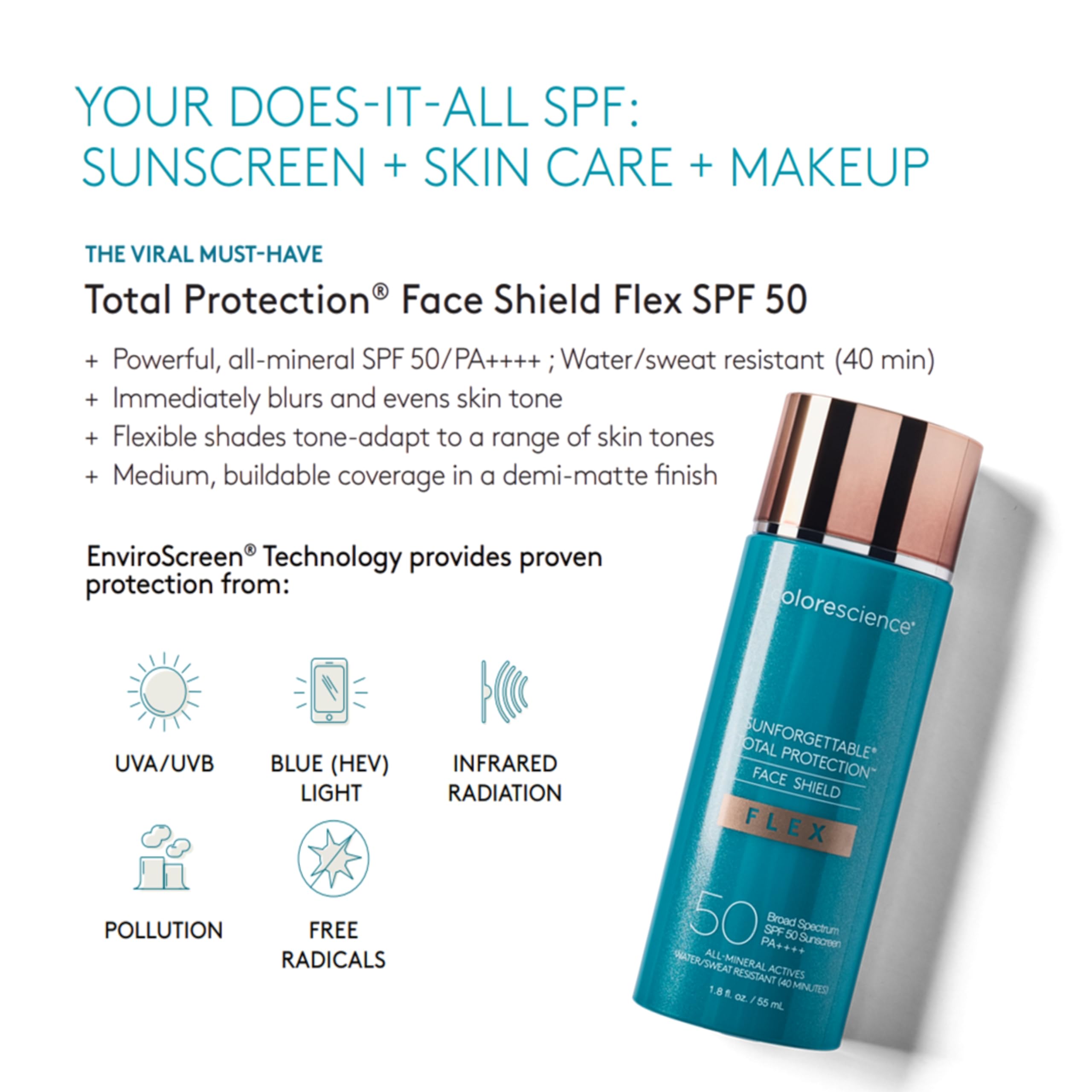 Colorescience Flex Tinted Mineral Sunscreen SPF 50 in Medium, 1.8oz, with tinted formula and mineral-based sun protection.