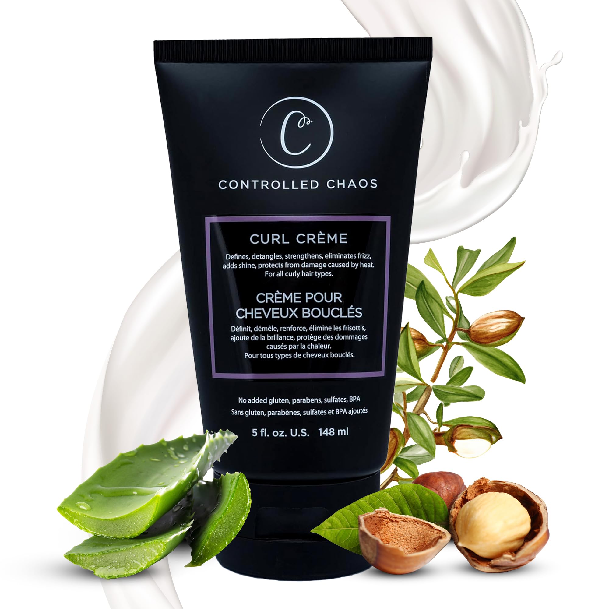 Controlled Chaos Curl Cream for frizz-free curls in a 5oz bottle, styled with defined, bouncy hair and smooth texture.
