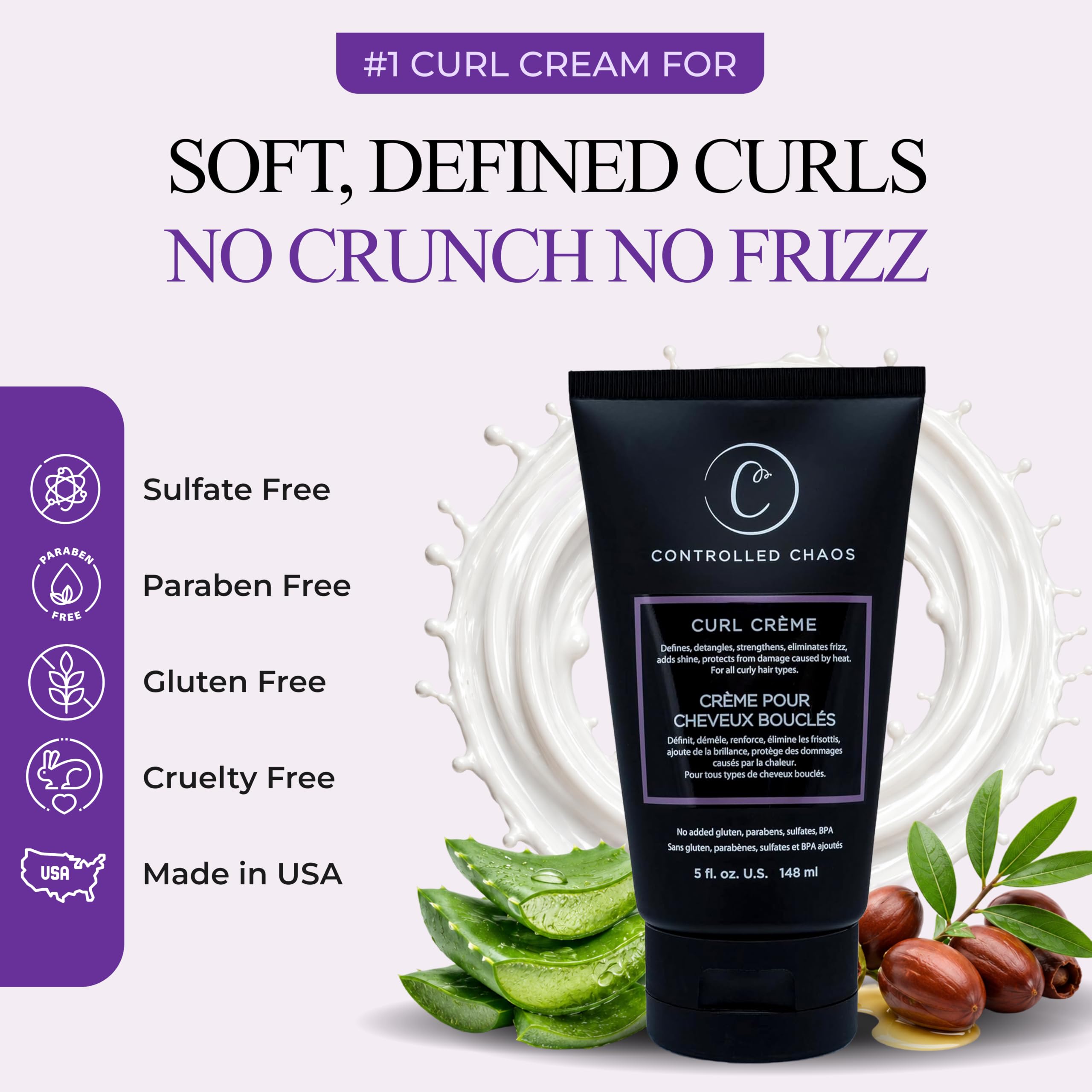 Controlled Chaos Curl Cream for frizz-free curls, 5oz, a hair styling agent that enhances natural curl definition and smoothness.