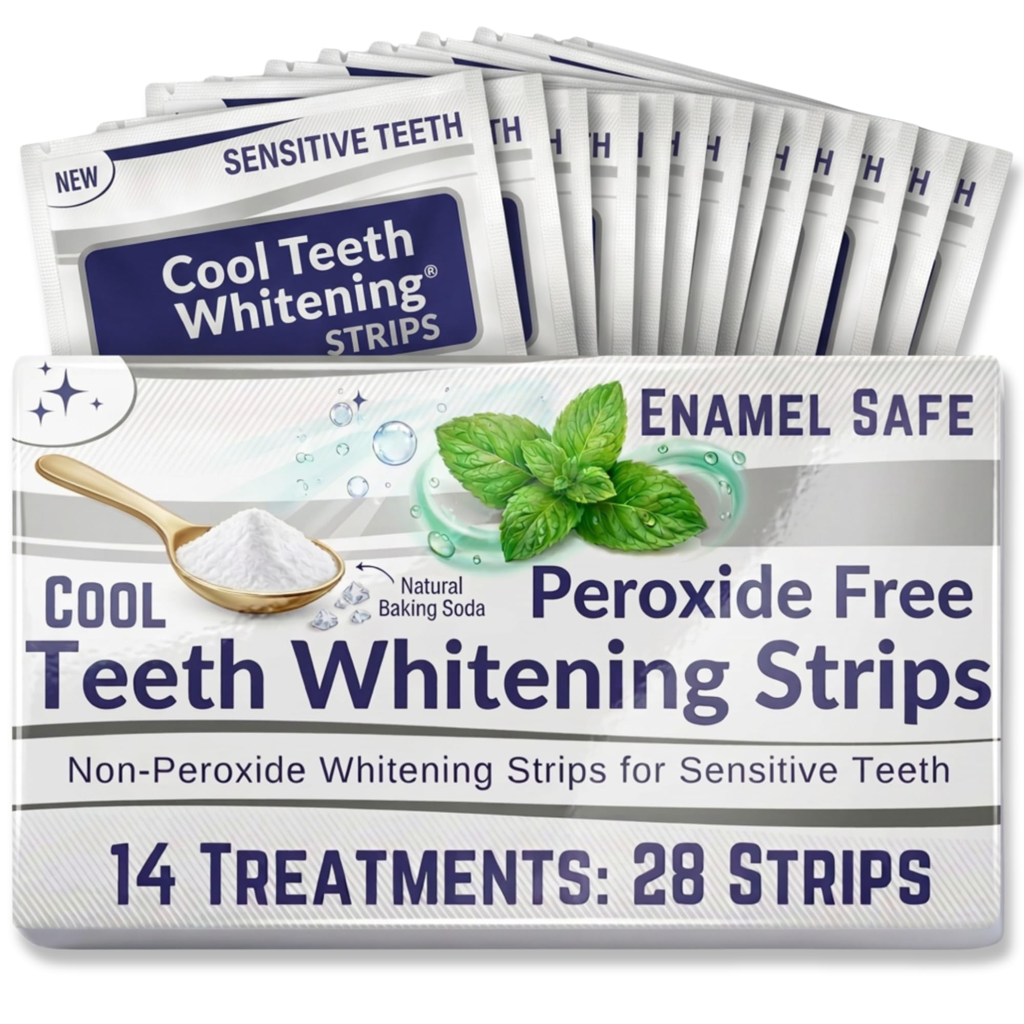 Cool Teeth Whitening sensitive peroxide-free teeth whitening strips in a 28-count package, designed for gentle, effective whitening.