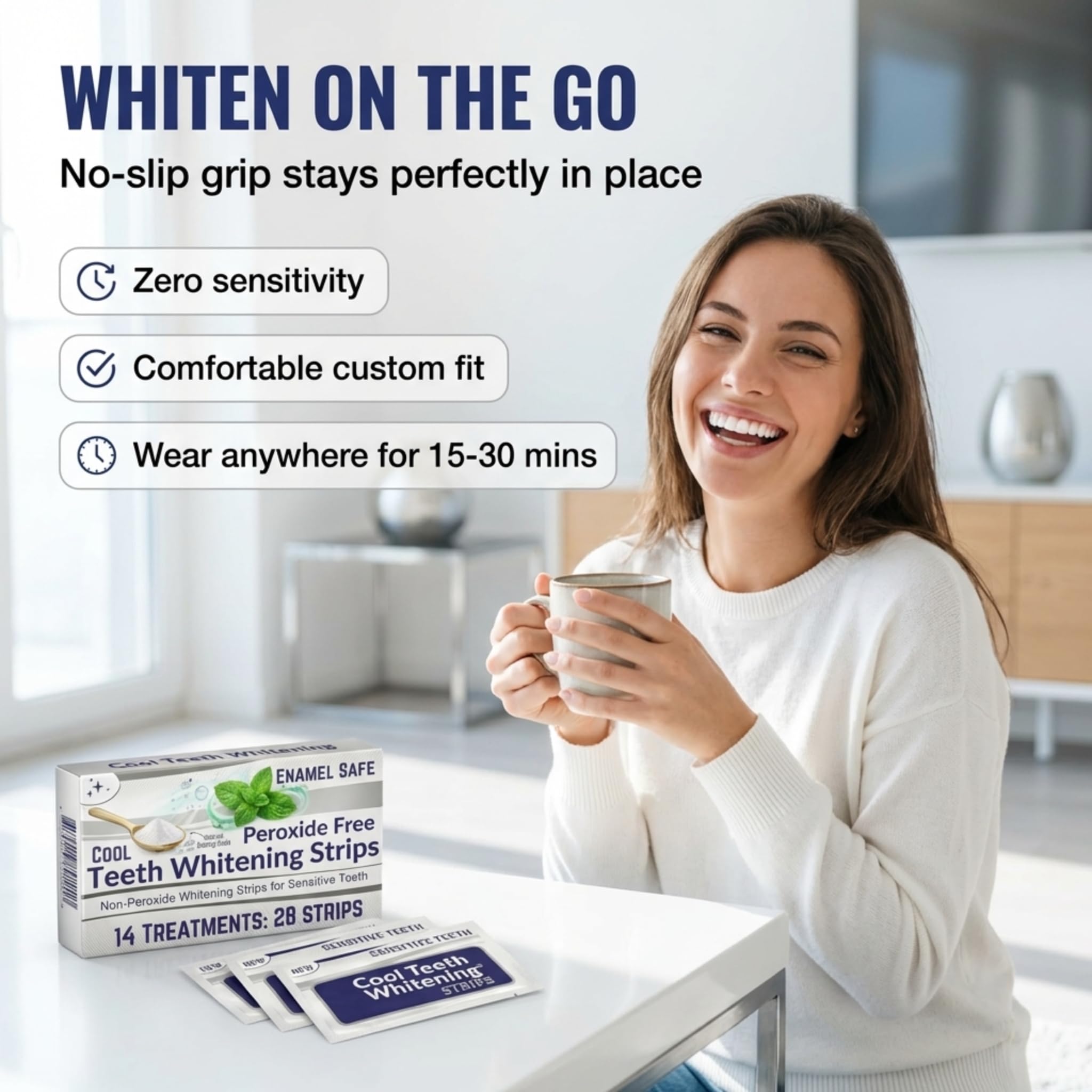 Cool Teeth Whitening Sensitive Tooth Whitener strips, peroxide-free, 28 count, designed for gentle teeth whitening.