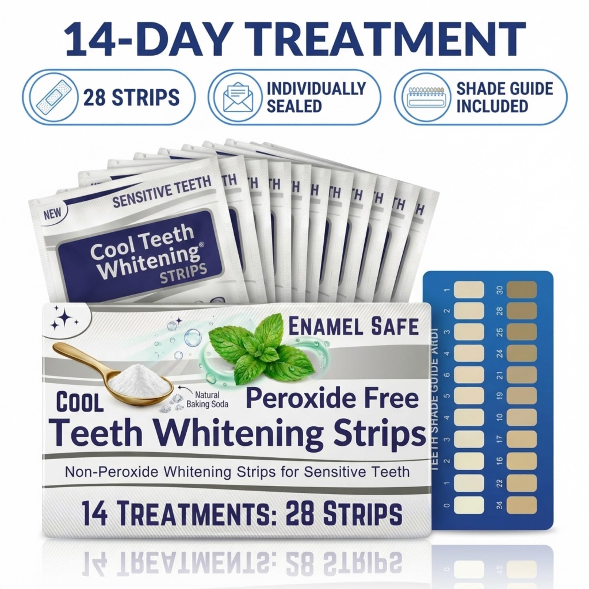 Cool Teeth Whitening sensitive peroxide-free teeth whitening strips in a 28-count pack, designed for gentle, effective teeth whitening.