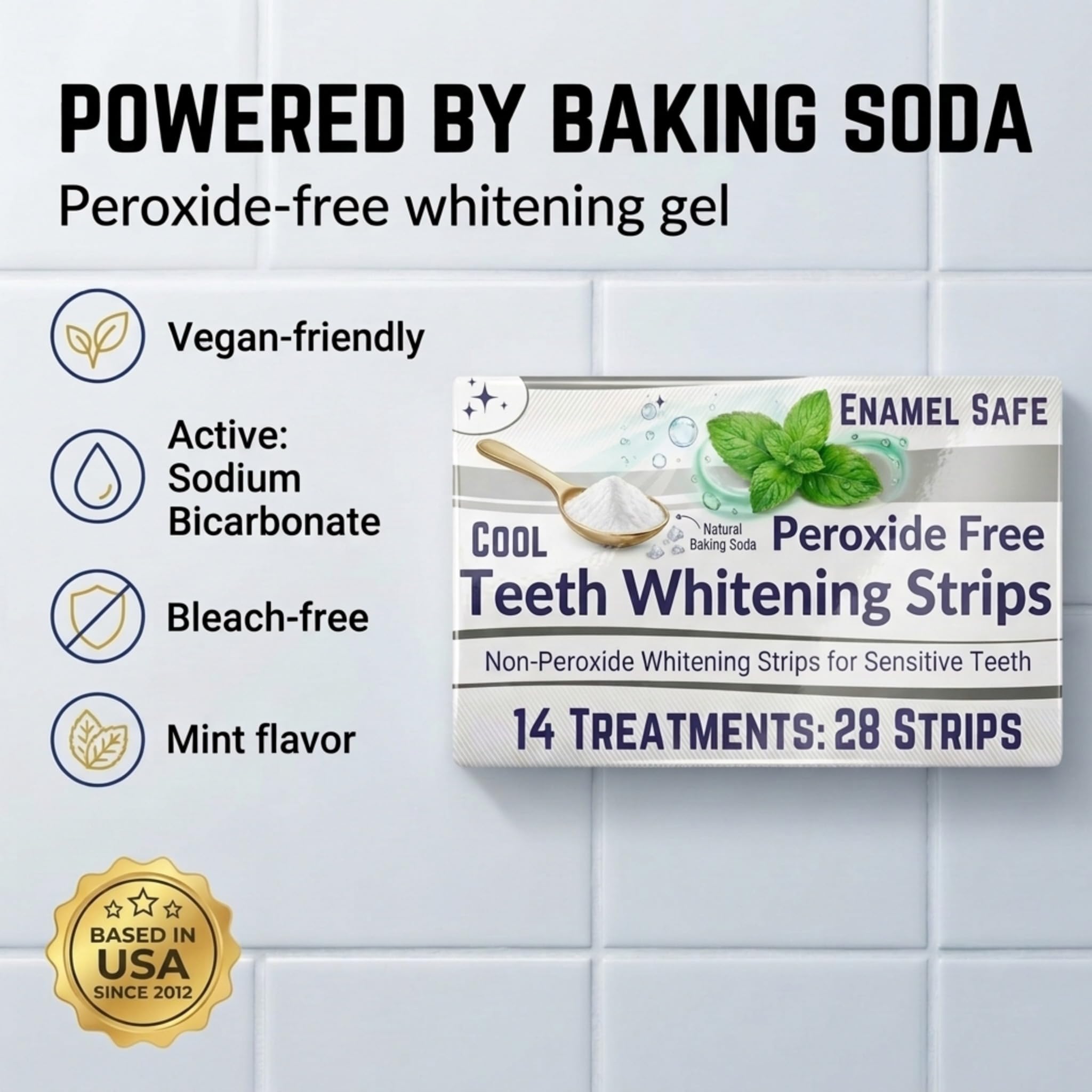 Cool Teeth Whitening Sensitive teeth whitening strips, peroxide-free, 28-count, designed for gentle and effective teeth whitening.