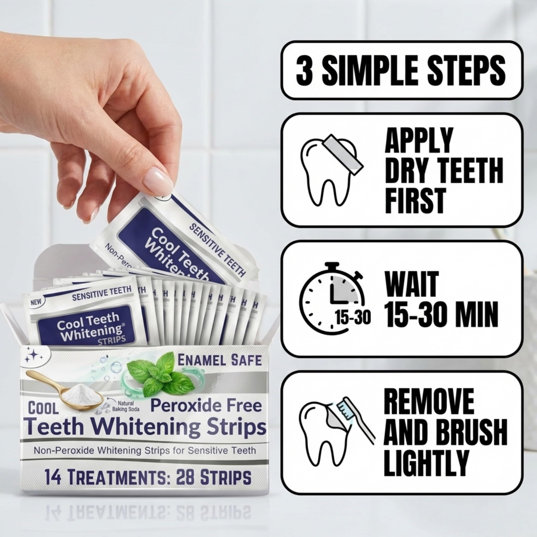 Cool Teeth Whitening Sensitive Tooth Whitener strips, peroxide-free, 28-count package, designed for gentle teeth whitening.