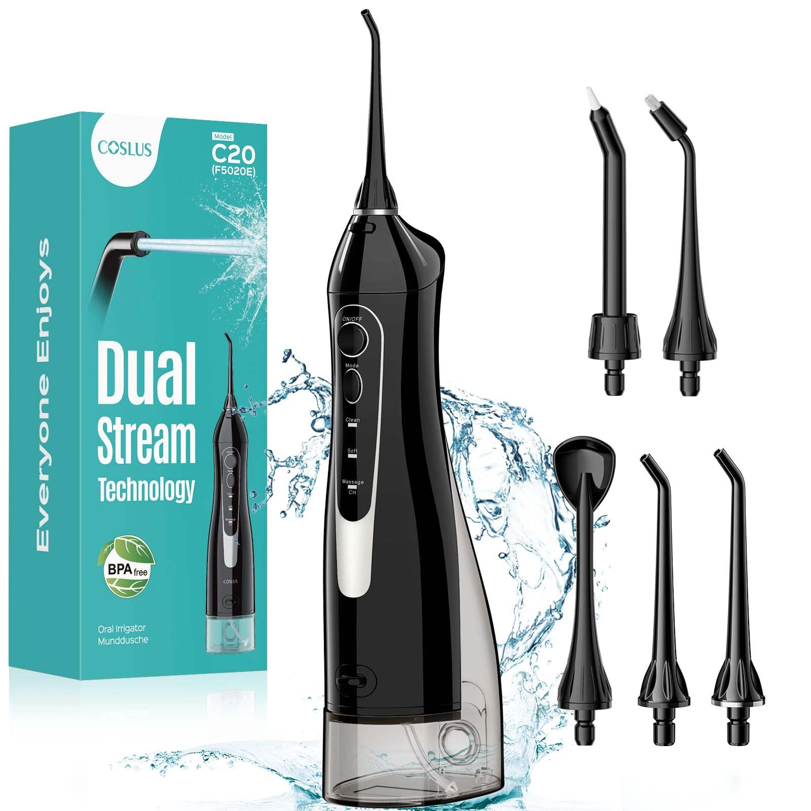 COSLUS C20 ADA Accepted Water Dental Flosser, portable oral irrigator with 300ML water tank for effective gum cleaning.