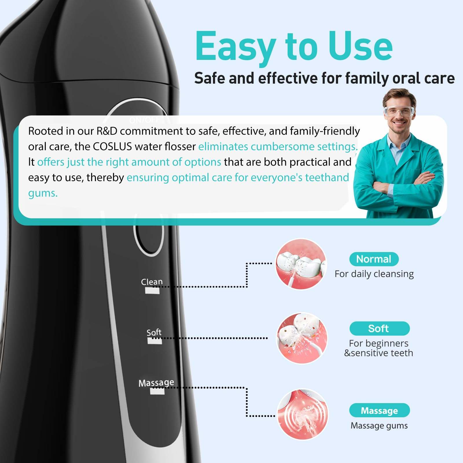 COSLUS C20 ADA Accepted Water Dental Flosser, portable oral irrigator with 300ml water tank, designed for effective dental cleaning.