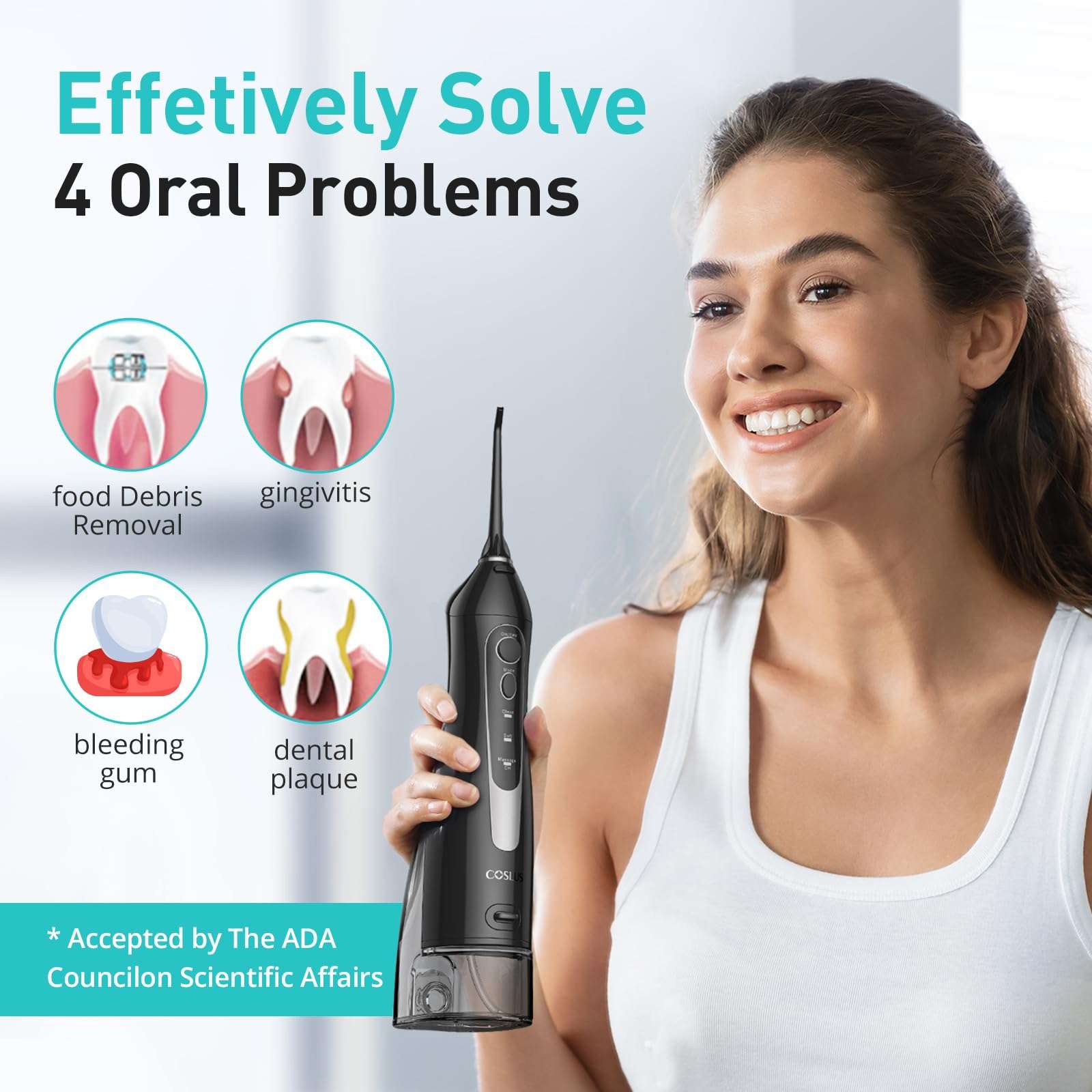 COSLUS C20 ADA Accepted Water Dental Flosser, portable oral irrigator with 300ml water tank, shown in use.