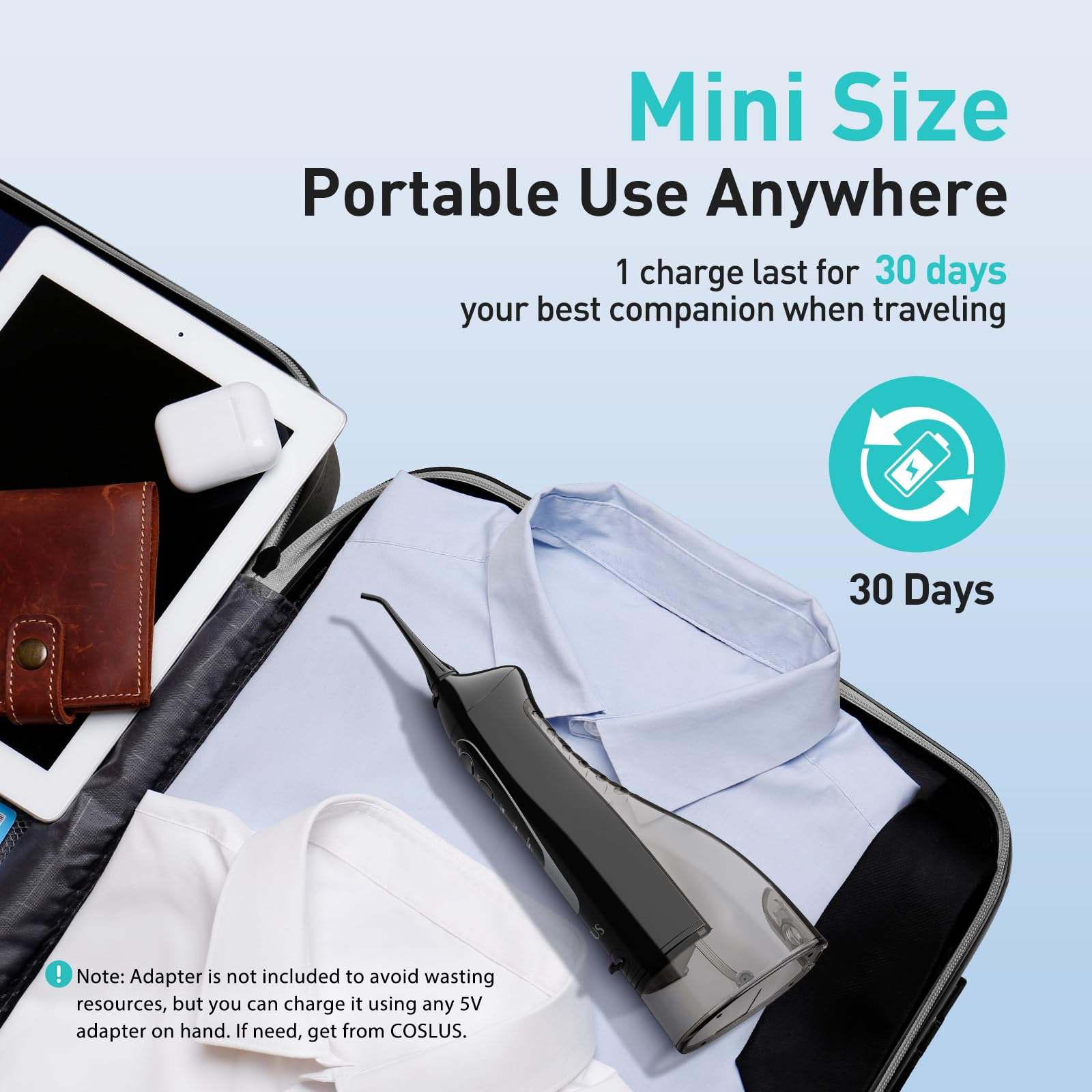 COSLUS C20 ADA Accepted Water Dental Flosser, portable oral irrigator with 300ml water capacity, shown in use.