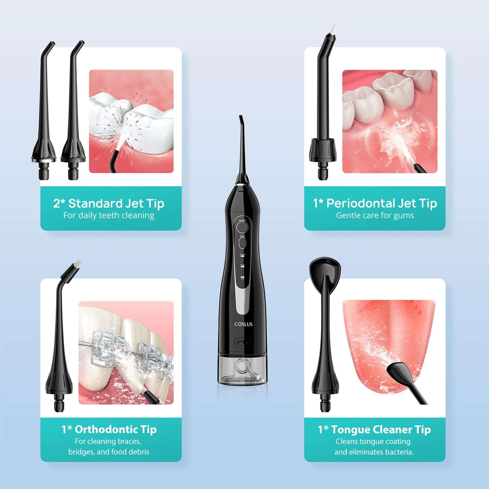 COSLUS C20 ADA Accepted Water Dental Flosser, portable oral irrigator with 300ML water tank, designed for effective teeth cleaning.