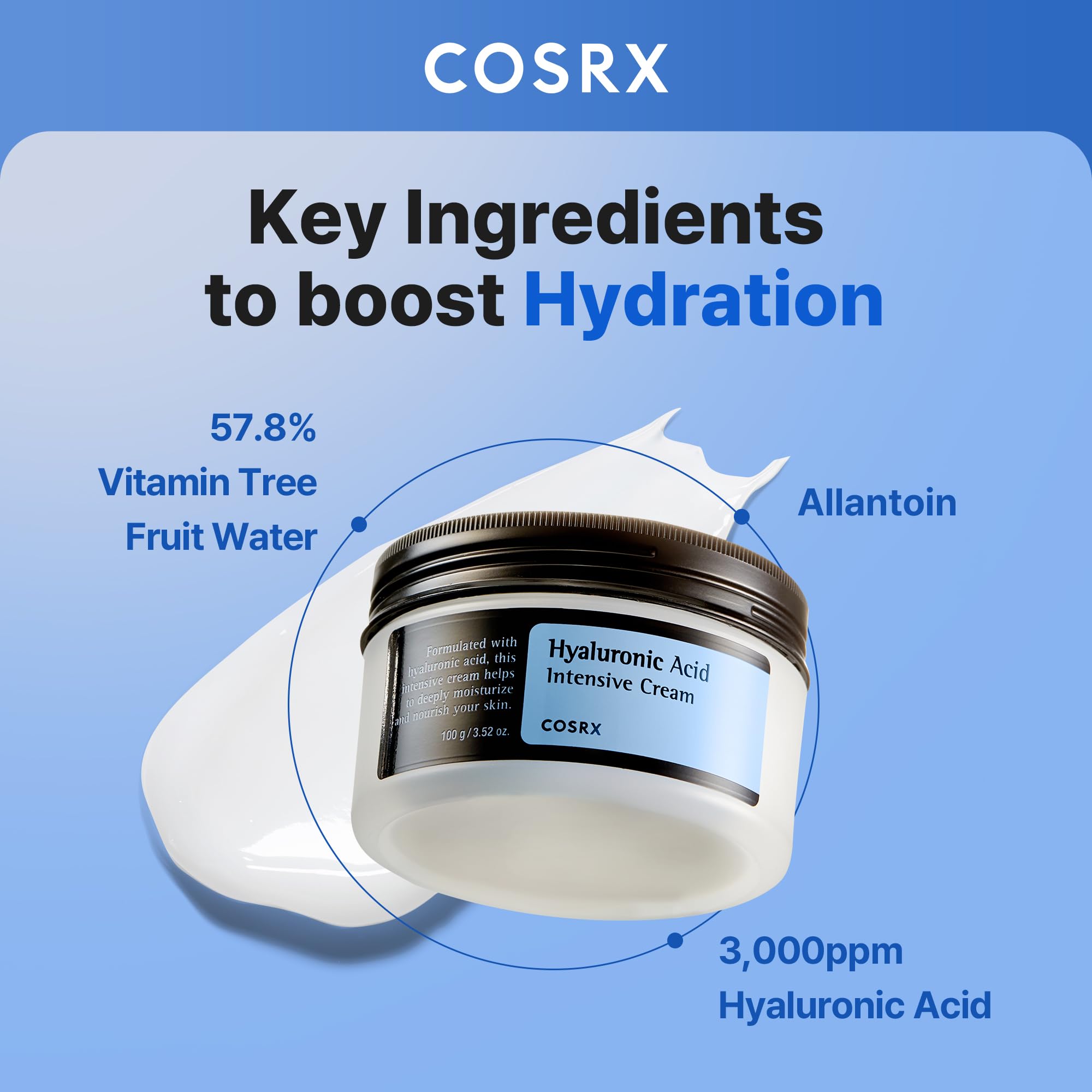 COSRX Hyaluronic Acid Intensive Cream face moisturizer in a 3.52 oz jar, featuring a smooth, hydrating formula for glowing skin